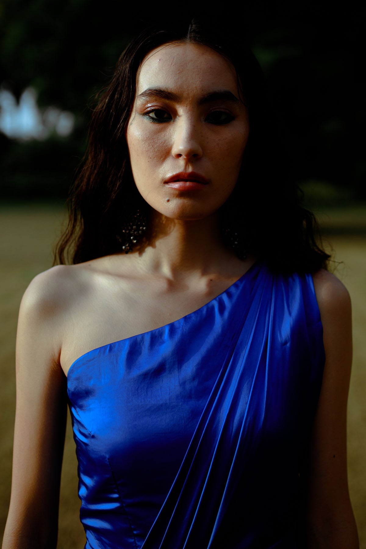 Blue One-Shoulder Draped Gown