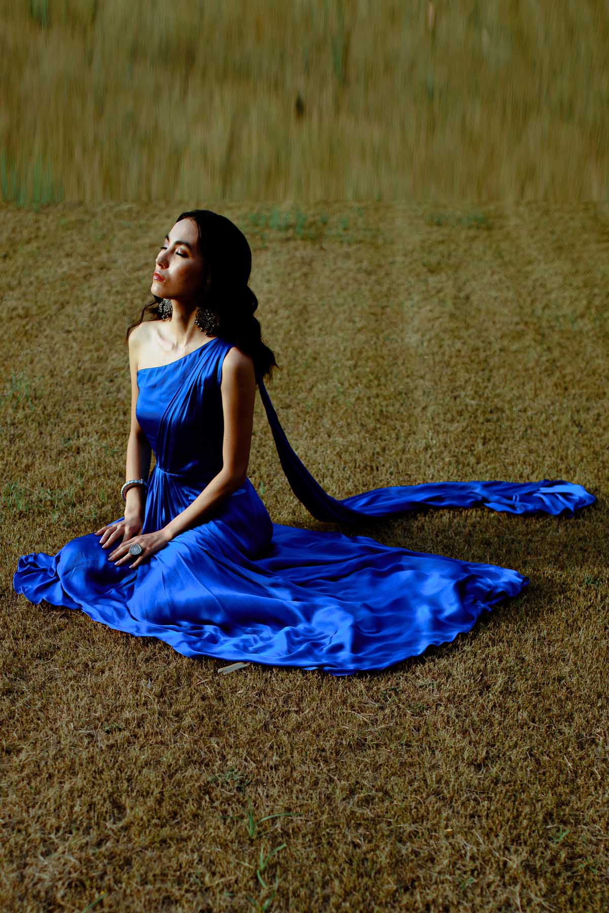 Blue One-Shoulder Draped Gown