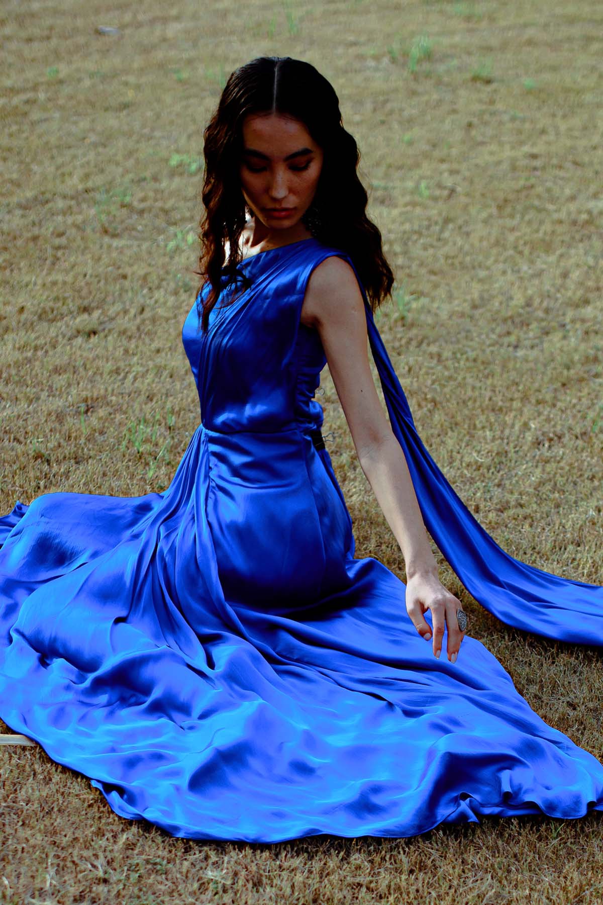 Blue One-Shoulder Draped Gown