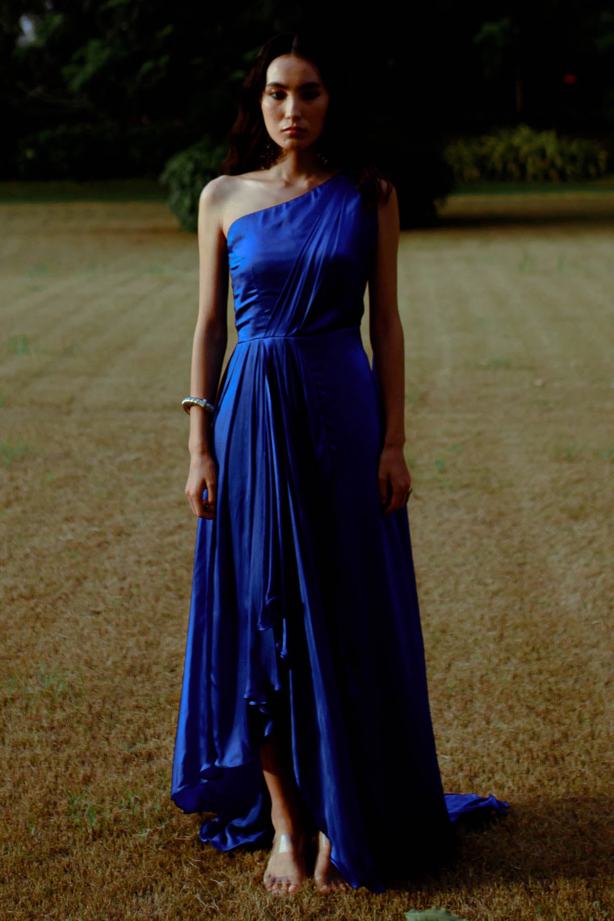 Blue One-Shoulder Draped Gown
