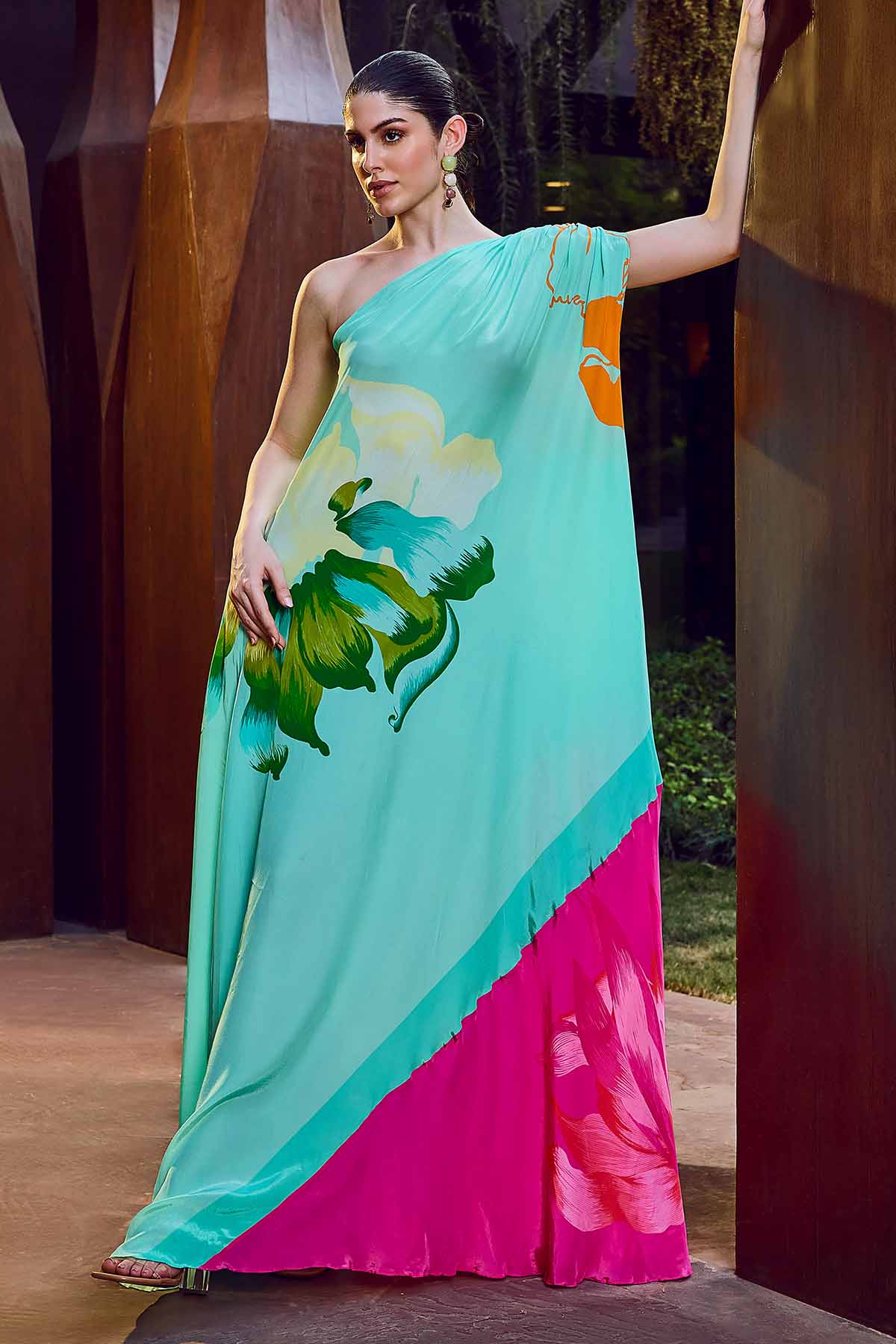 Buy Blue One Shoulder Kaftan & Belt by Mandira Wirk