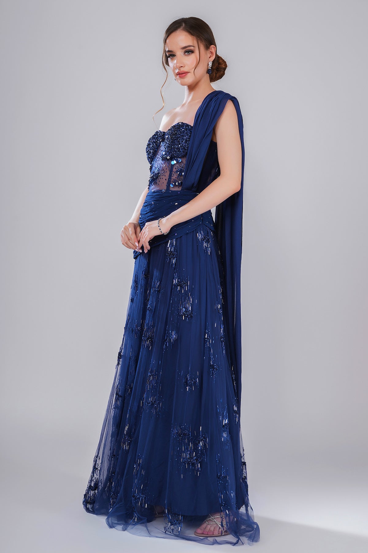 Blue One Shoulder Pleated Gown
