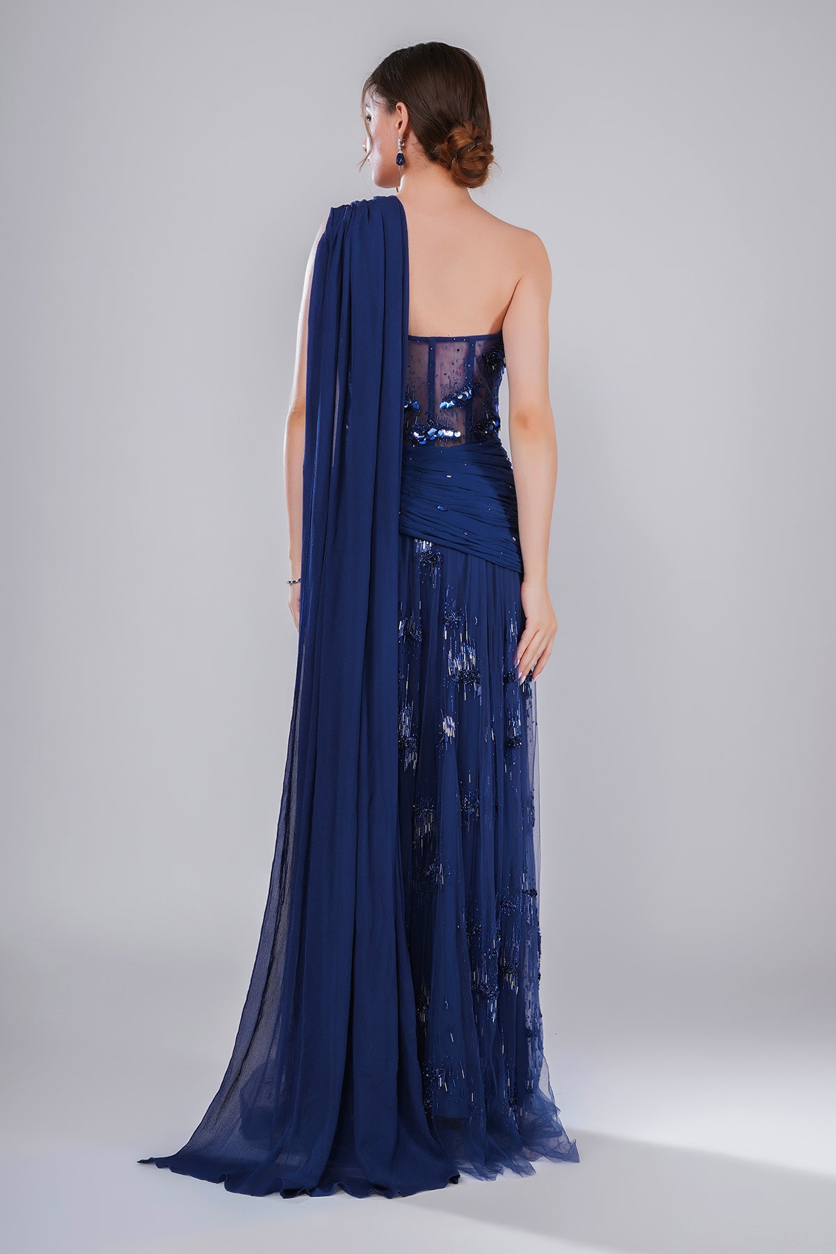 Blue One Shoulder Pleated Gown