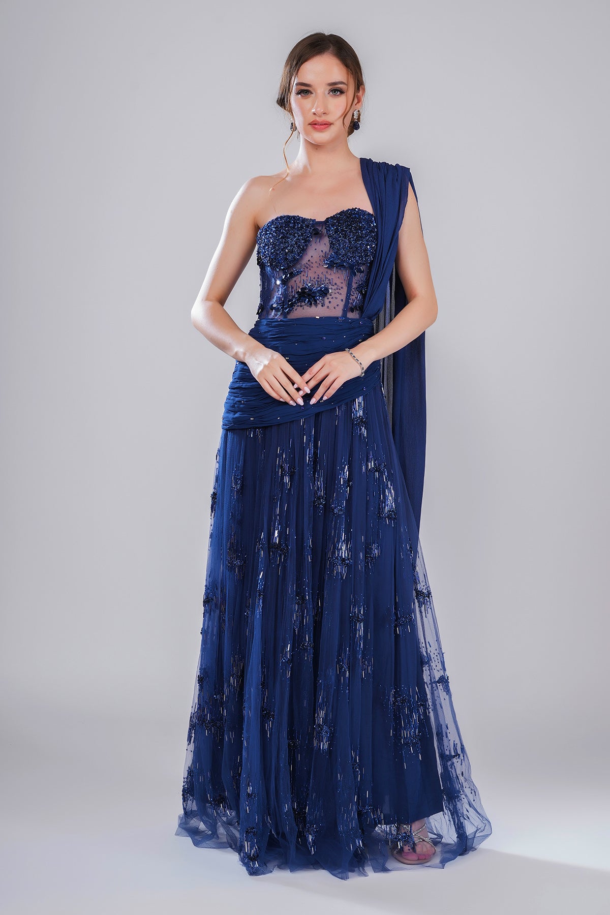 Blue One Shoulder Pleated Gown