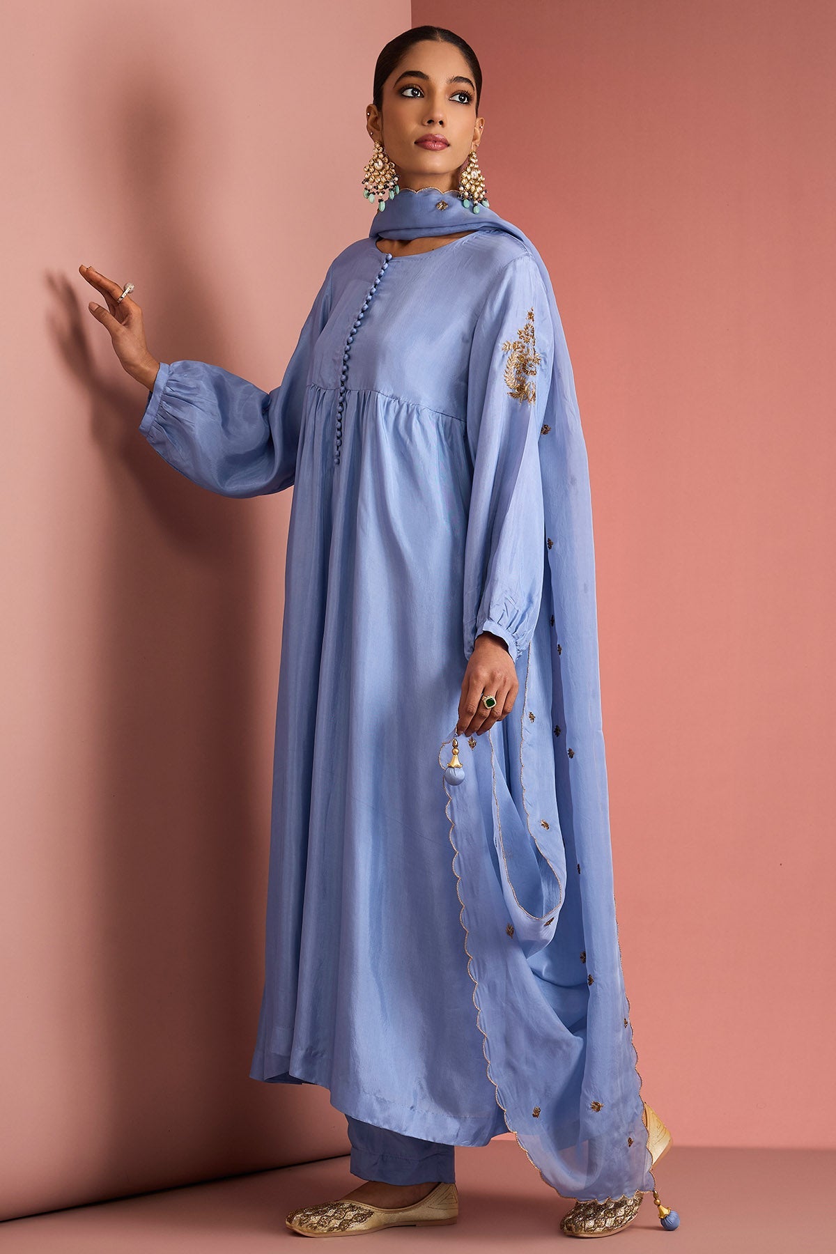 Buy Blue Opara Silk Motif Kurta Set for women by Milu Madan online available at scrollnshops