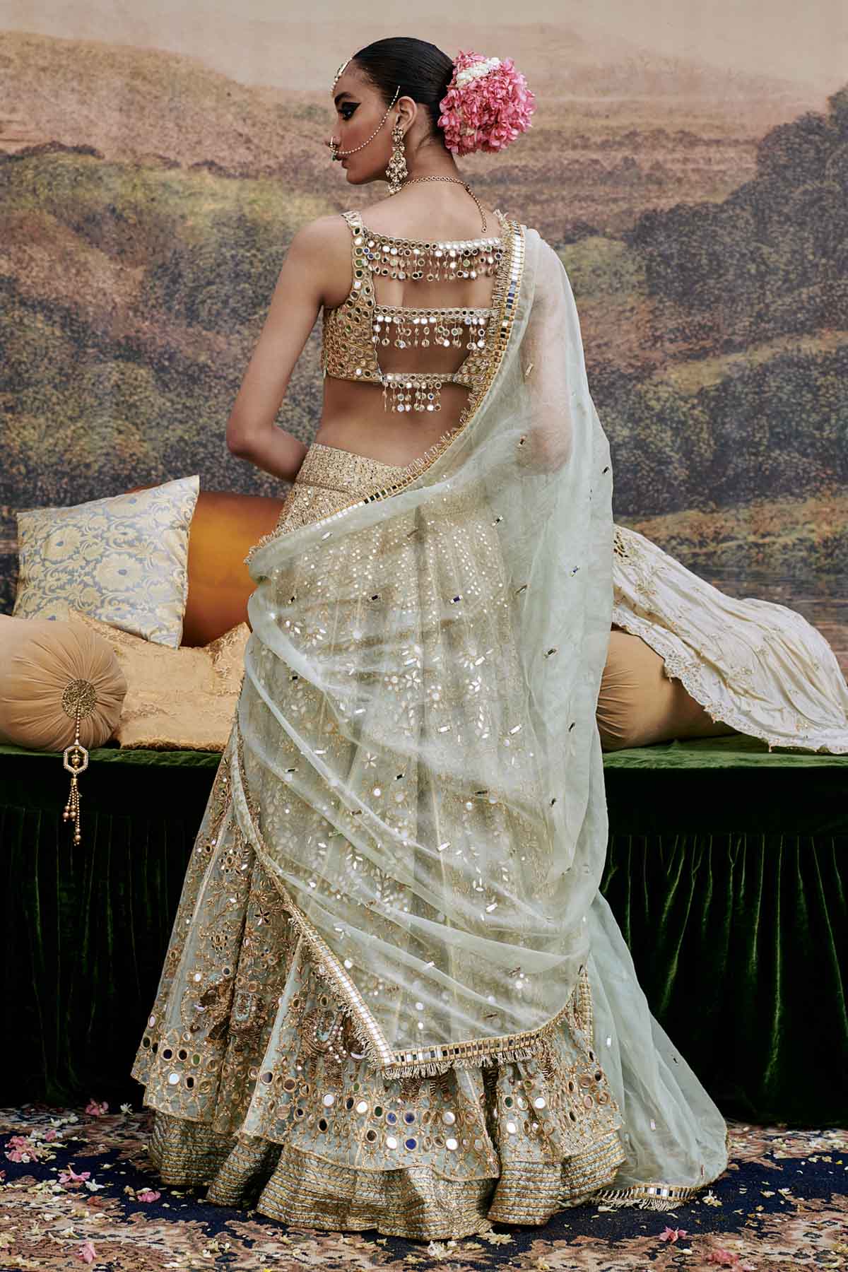 Blue Organza Lehenga Set & Veil