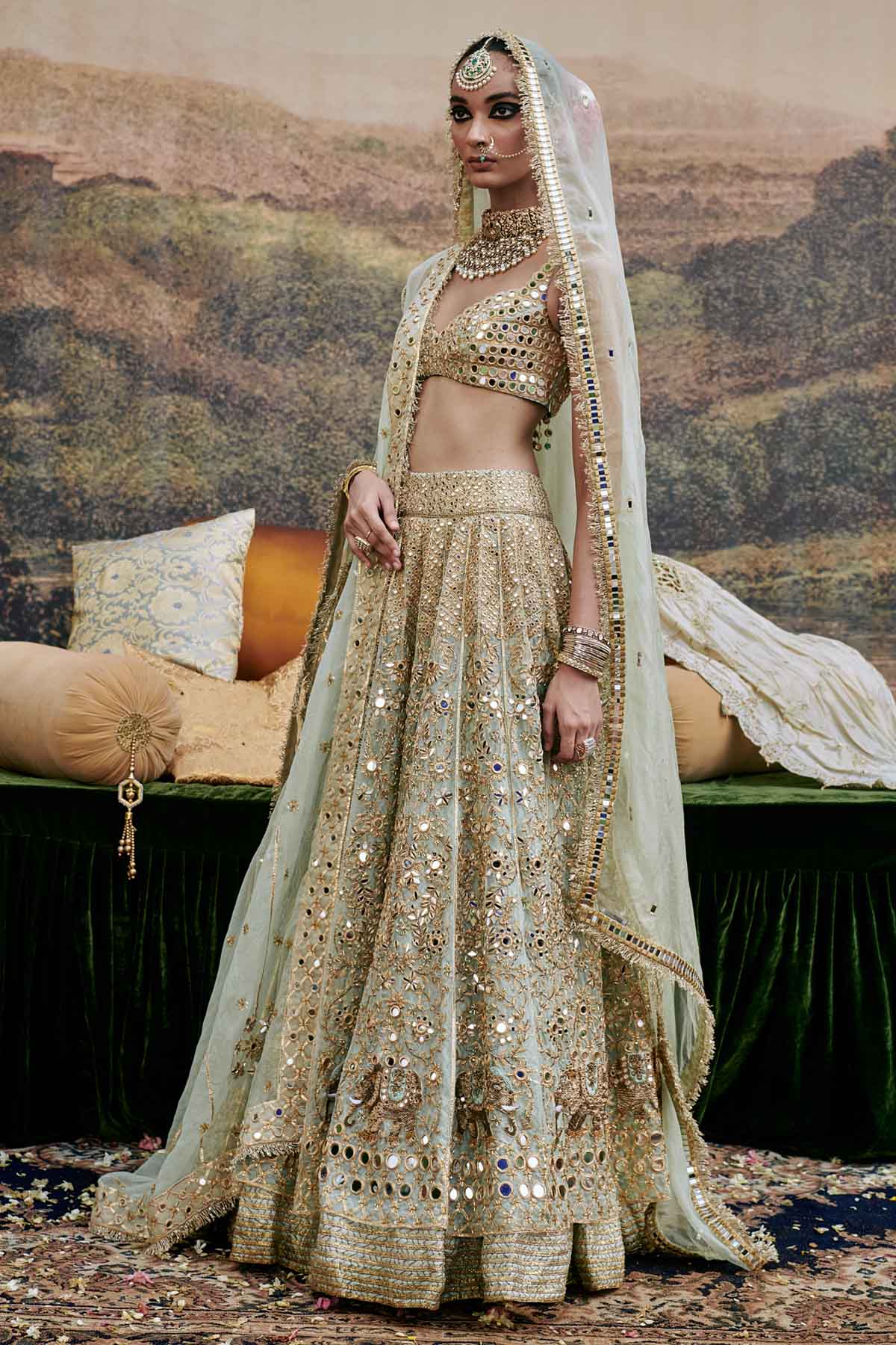 Blue Organza Lehenga Set & Veil