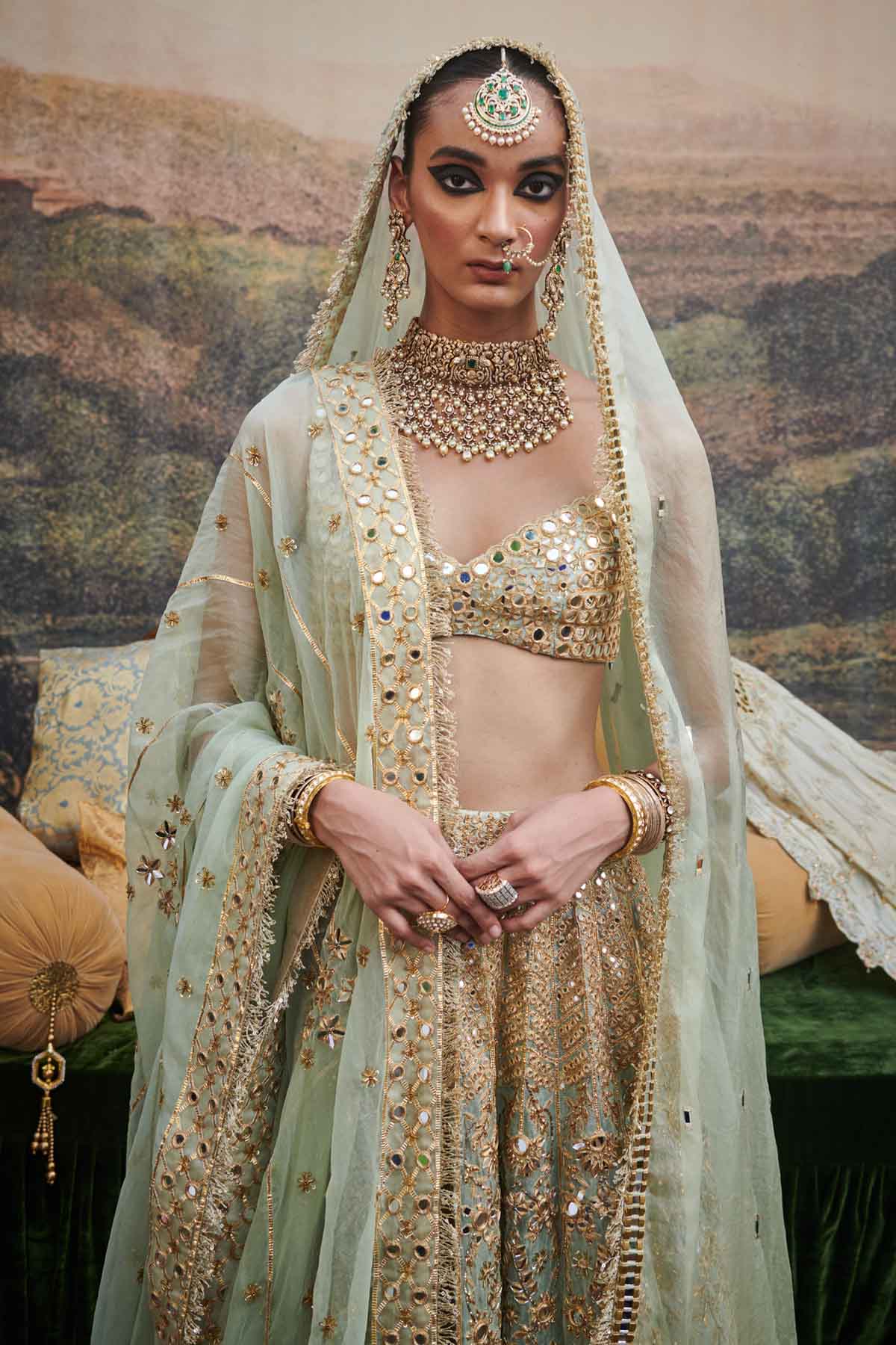 Blue Organza Lehenga Set & Veil