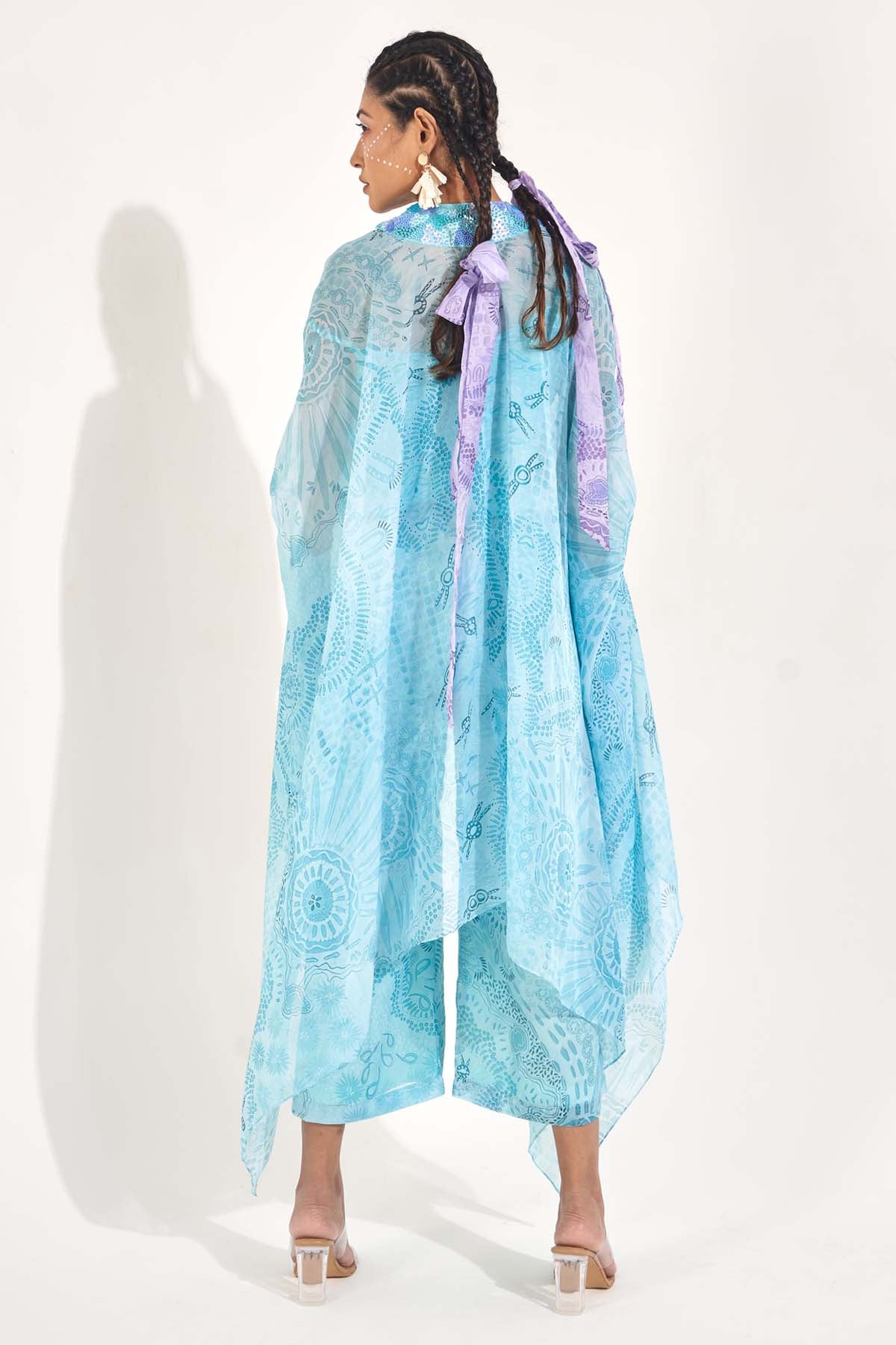 Blue Organza Print Bustier & Pants