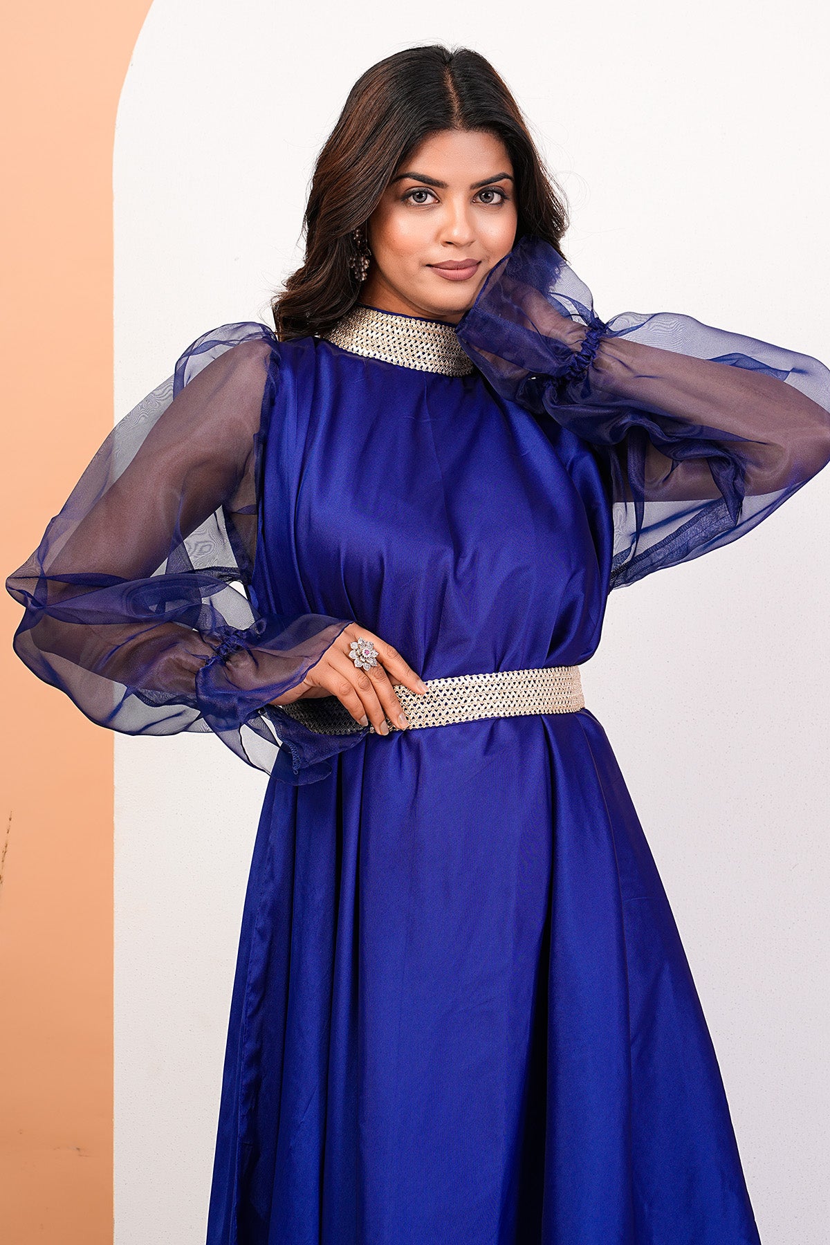 Blue Organza Puff Sleeves Gown