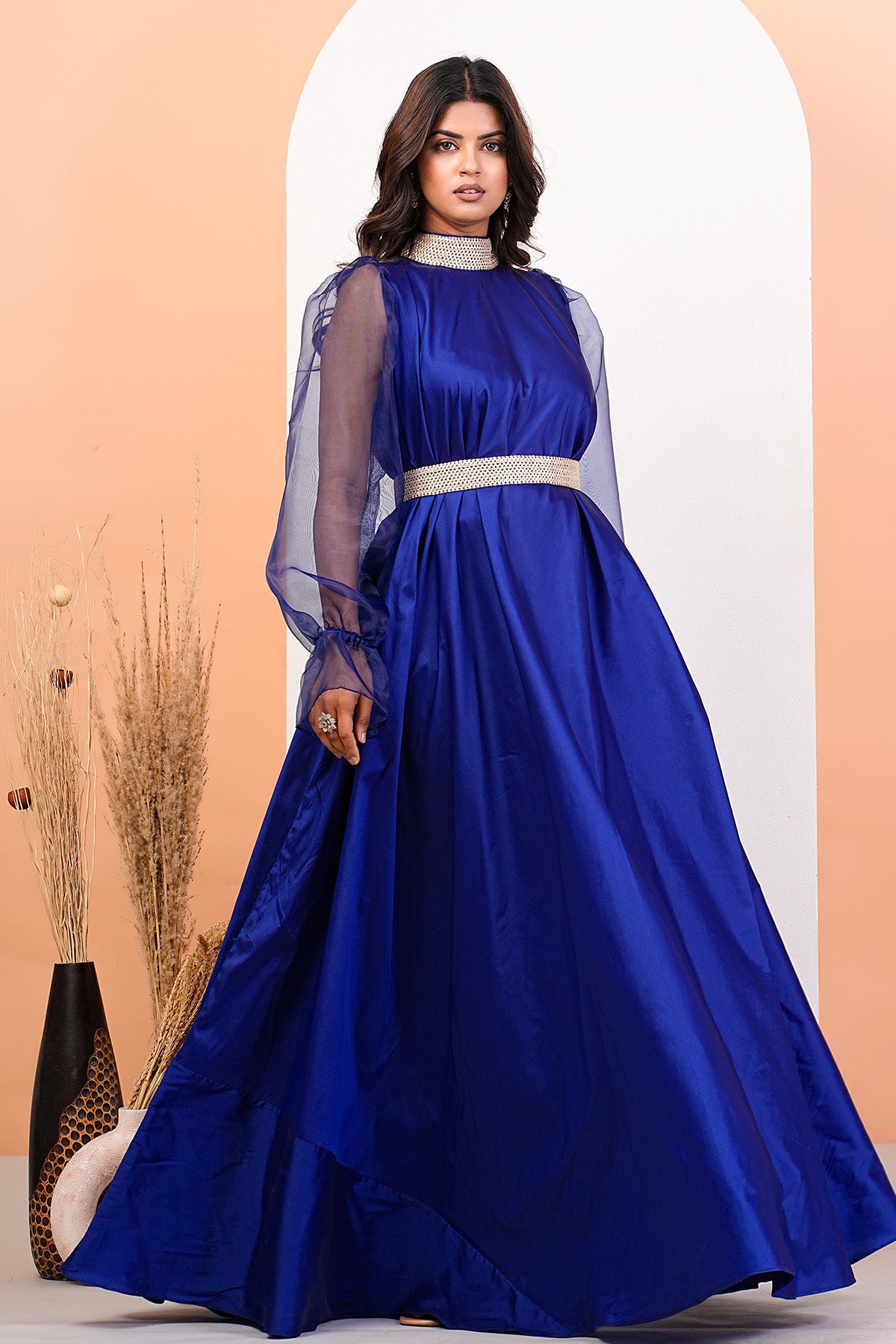 Blue Organza Puff Sleeves Gown