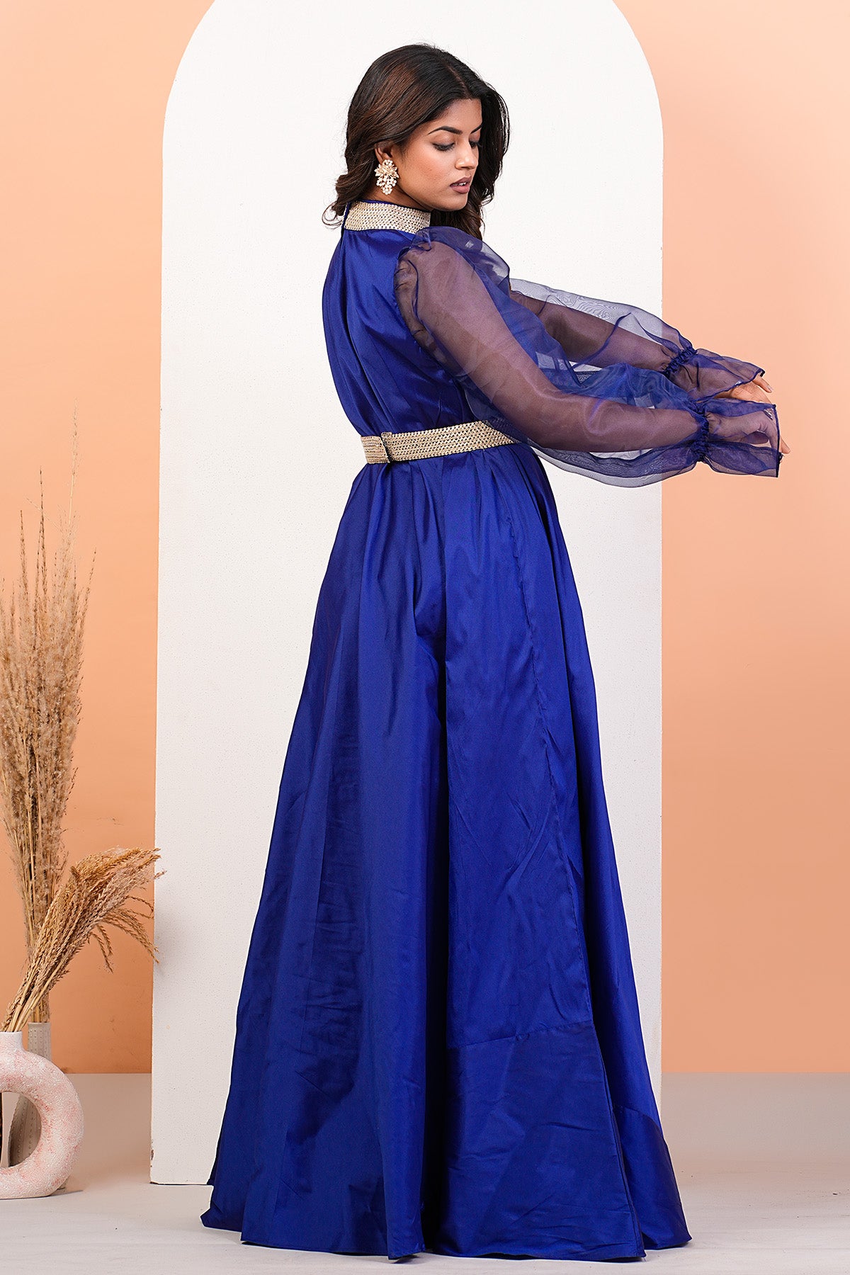 Blue Organza Puff Sleeves Gown