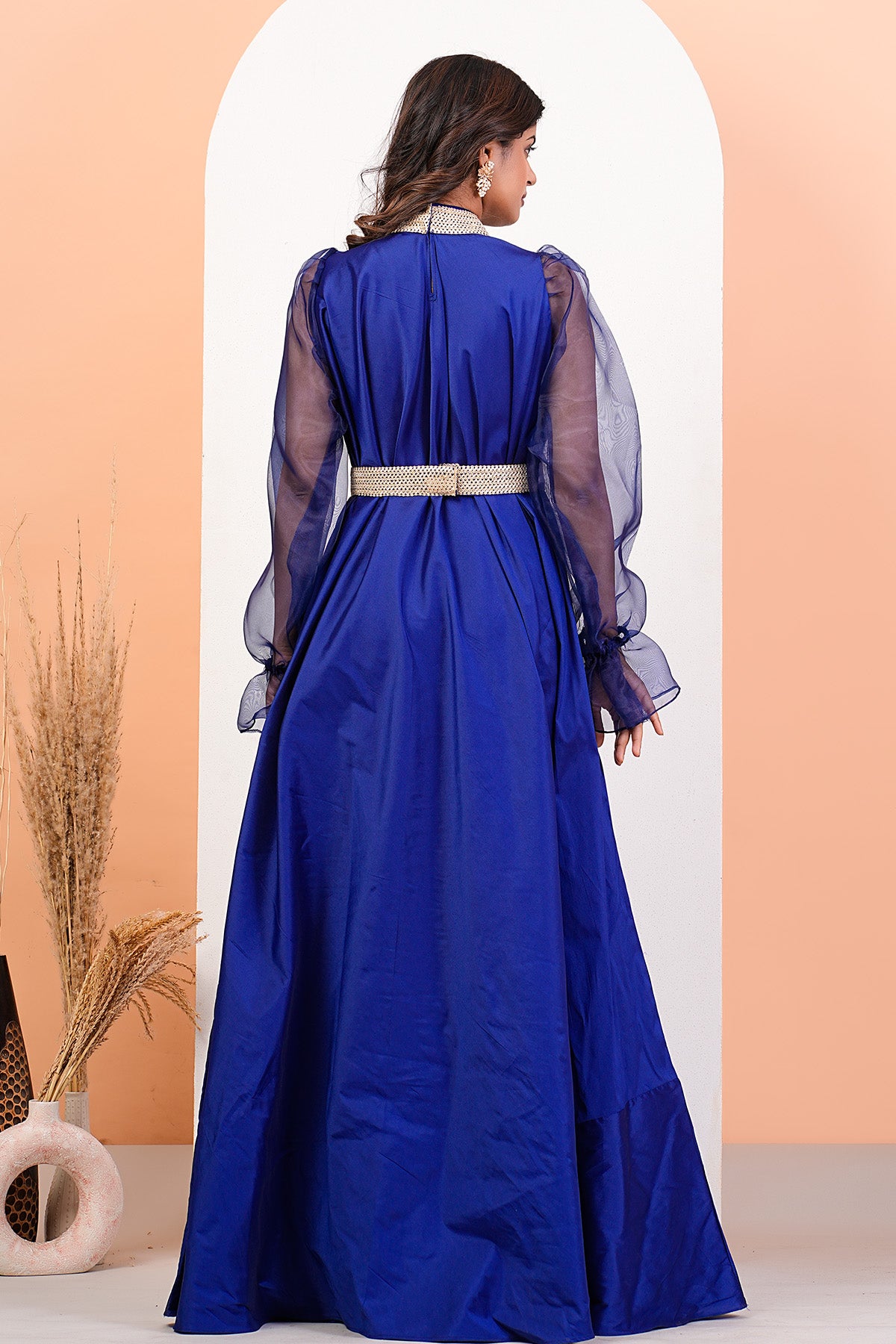 Blue Organza Puff Sleeves Gown