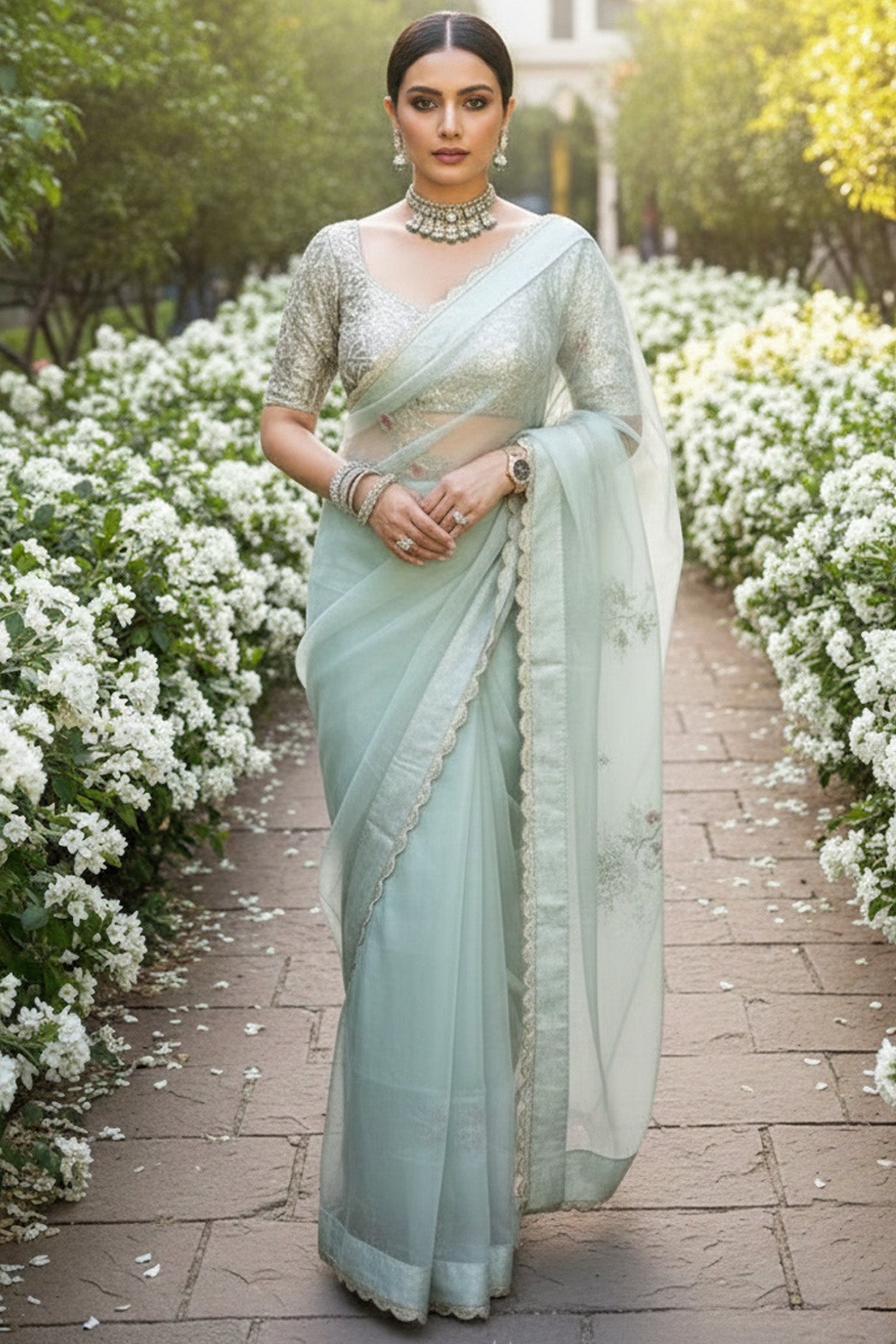 Buy Blue Organza Silk Saree Blouse for women by Taro online available at scrollnshops