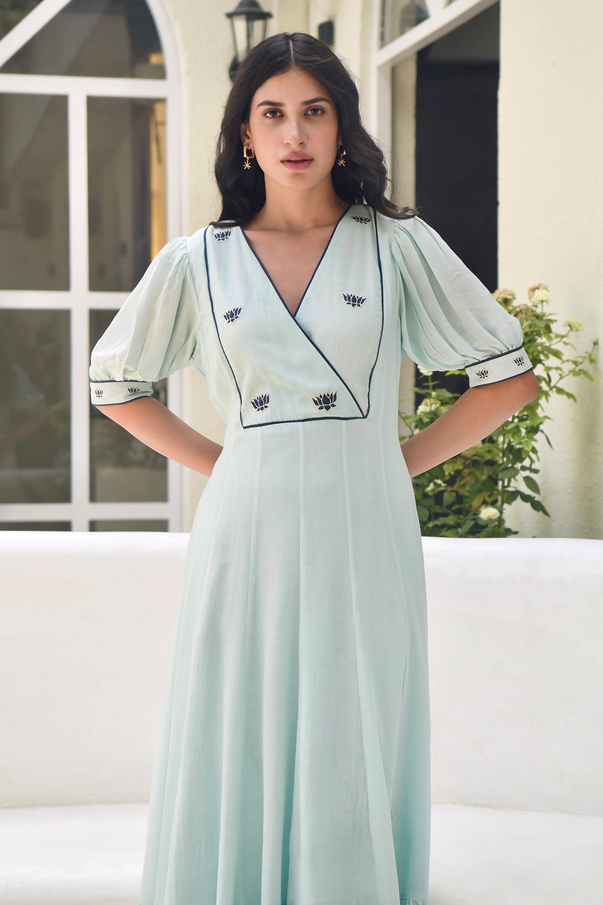 Blue Overlap Neck Maxi Dress