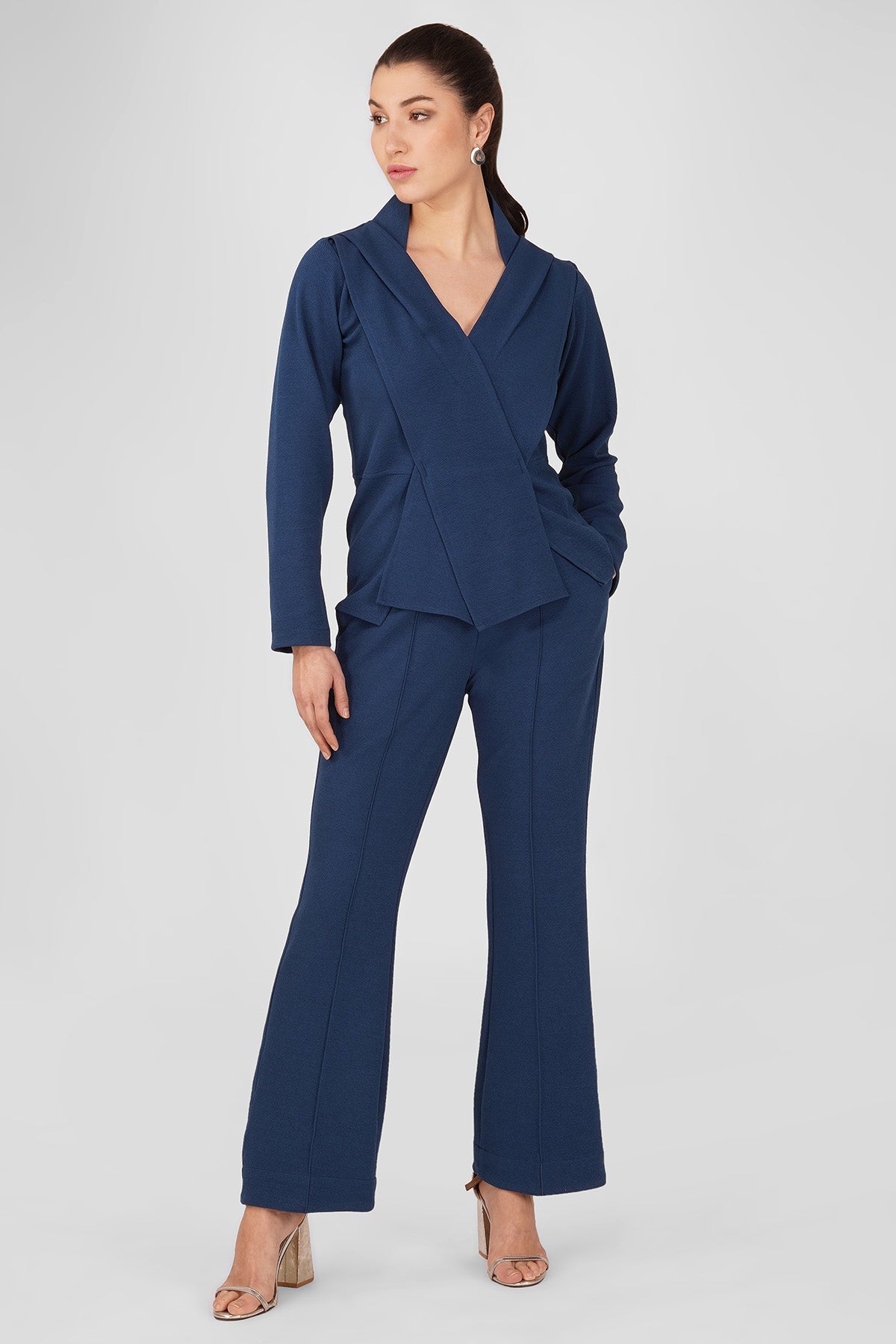 Buy Blue Overlap V-Neck Co-ord Set by Enness Studio for women online at ScrollnShops