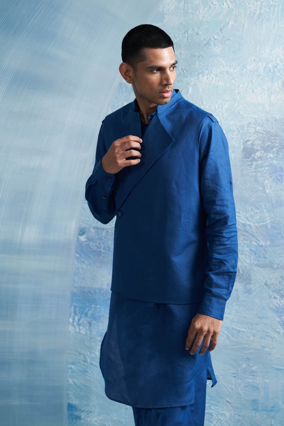 Blue Pathani Kurta Set & Jacket