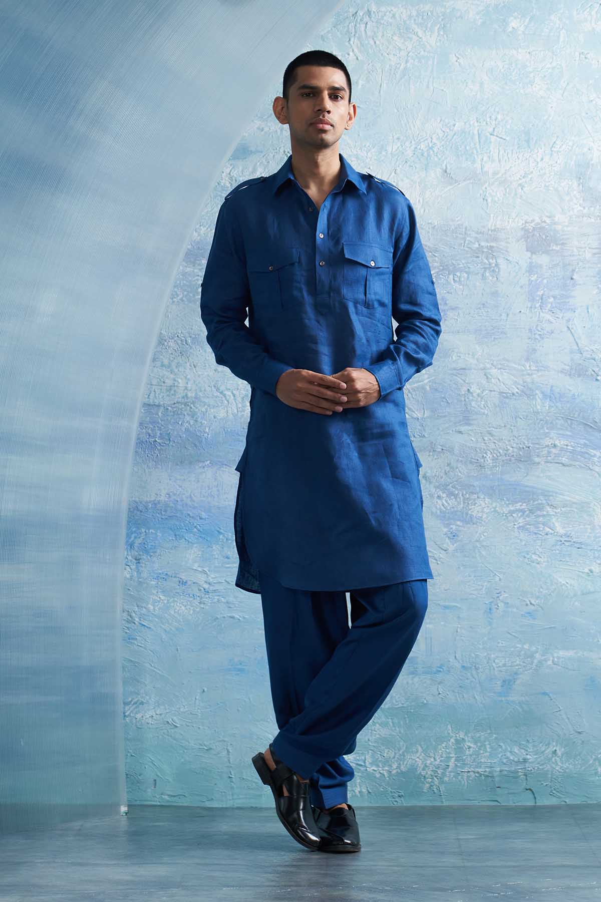 Blue Pathani Kurta Set & Jacket