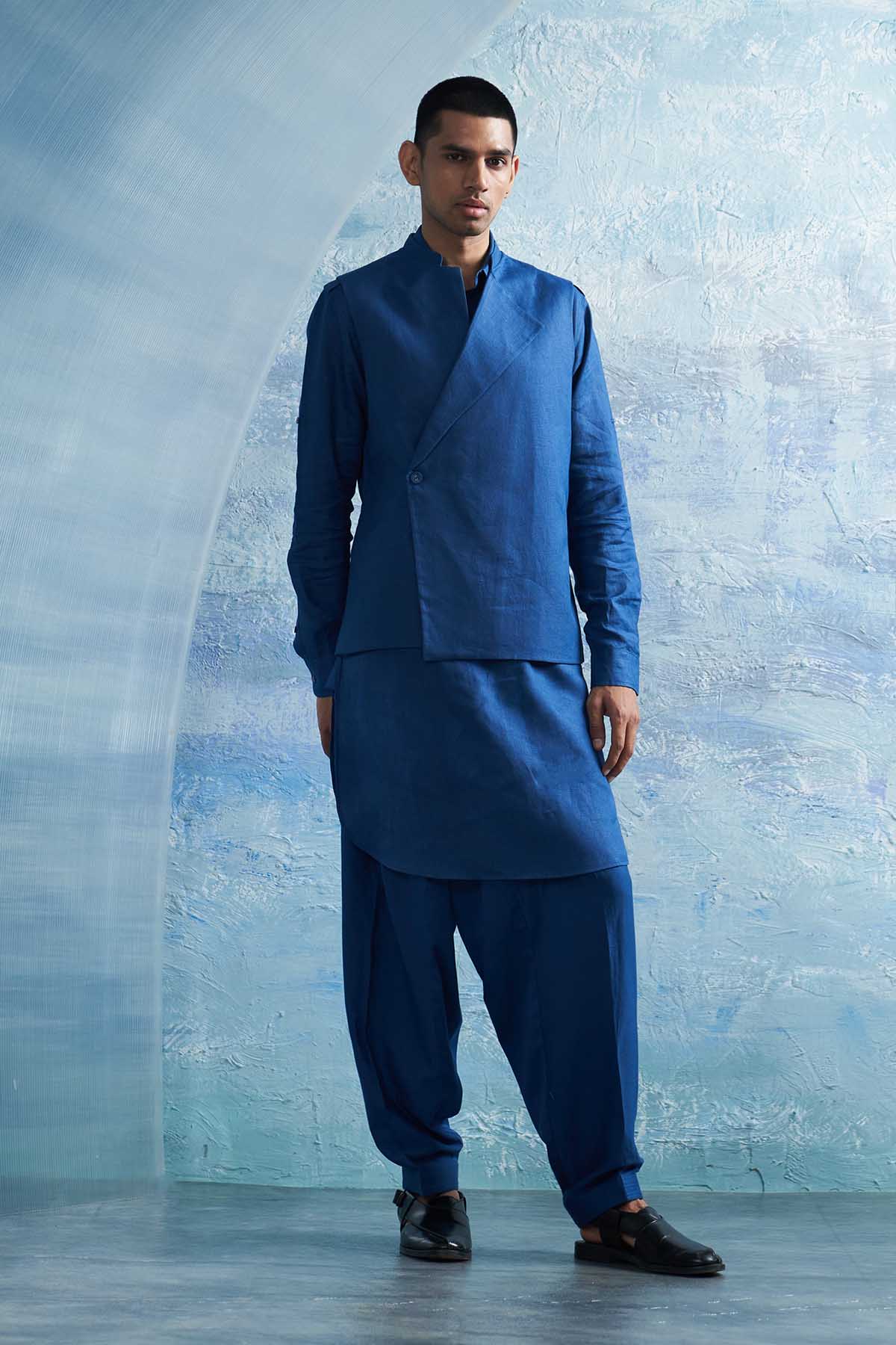 Buy Blue Pathani Kurta Set & Jacket by Charkhee for men online at ScrollnShops