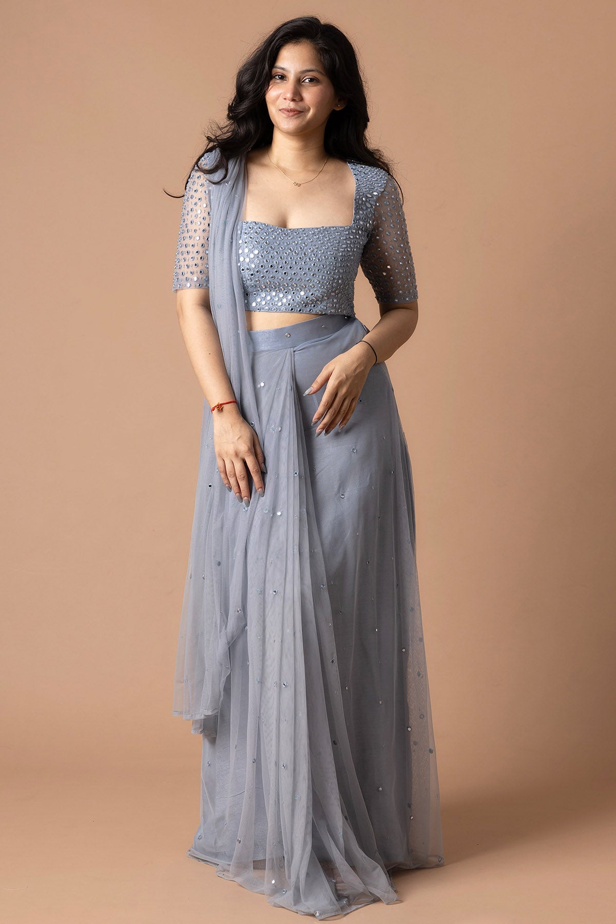 Buy Blue Pearl & Mirror Saree Set for women by Rivaaj Couture online available at scrollnshops