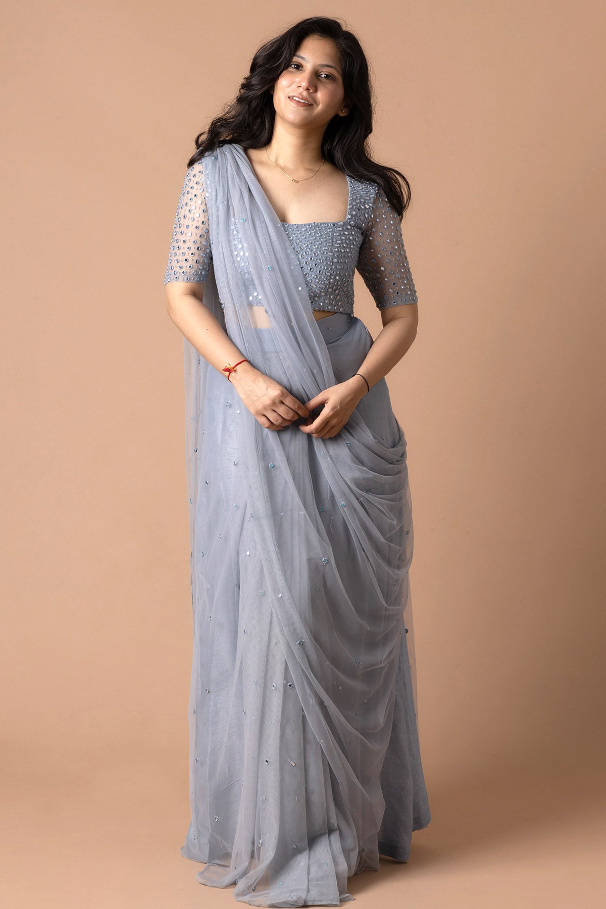 Blue Pearl & Mirror Saree Set
