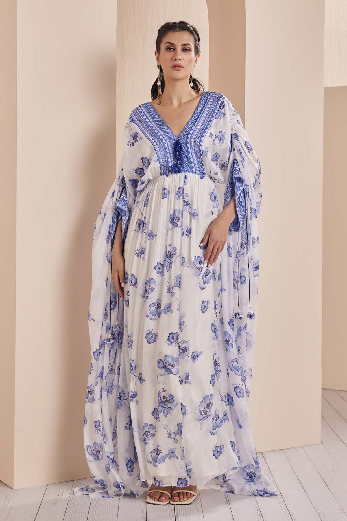 Buy Blue Periwinkle Floral Chiffon Kaftan by Mandira Wirk