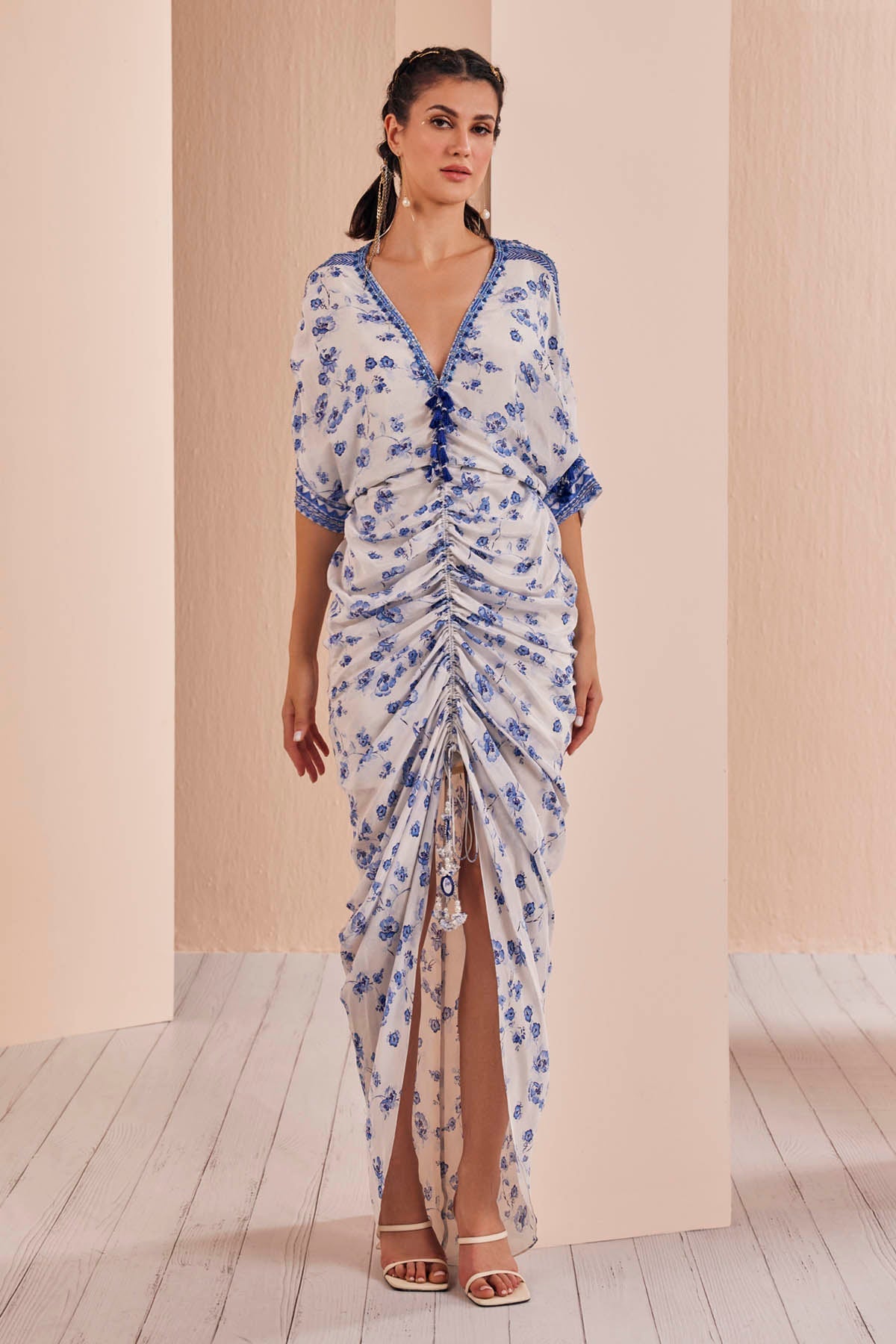 Buy Blue Periwinkle Floral Ruched Kaftan by Mandira Wirk