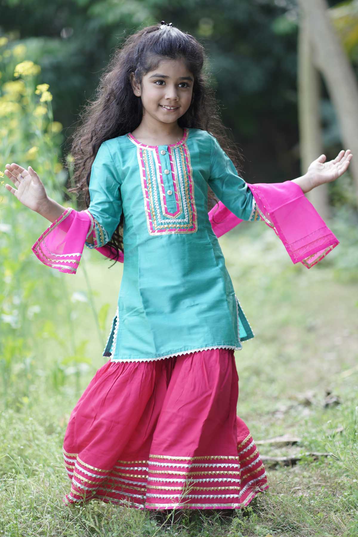 Blue & Pink Lace Embellished Kuta Set