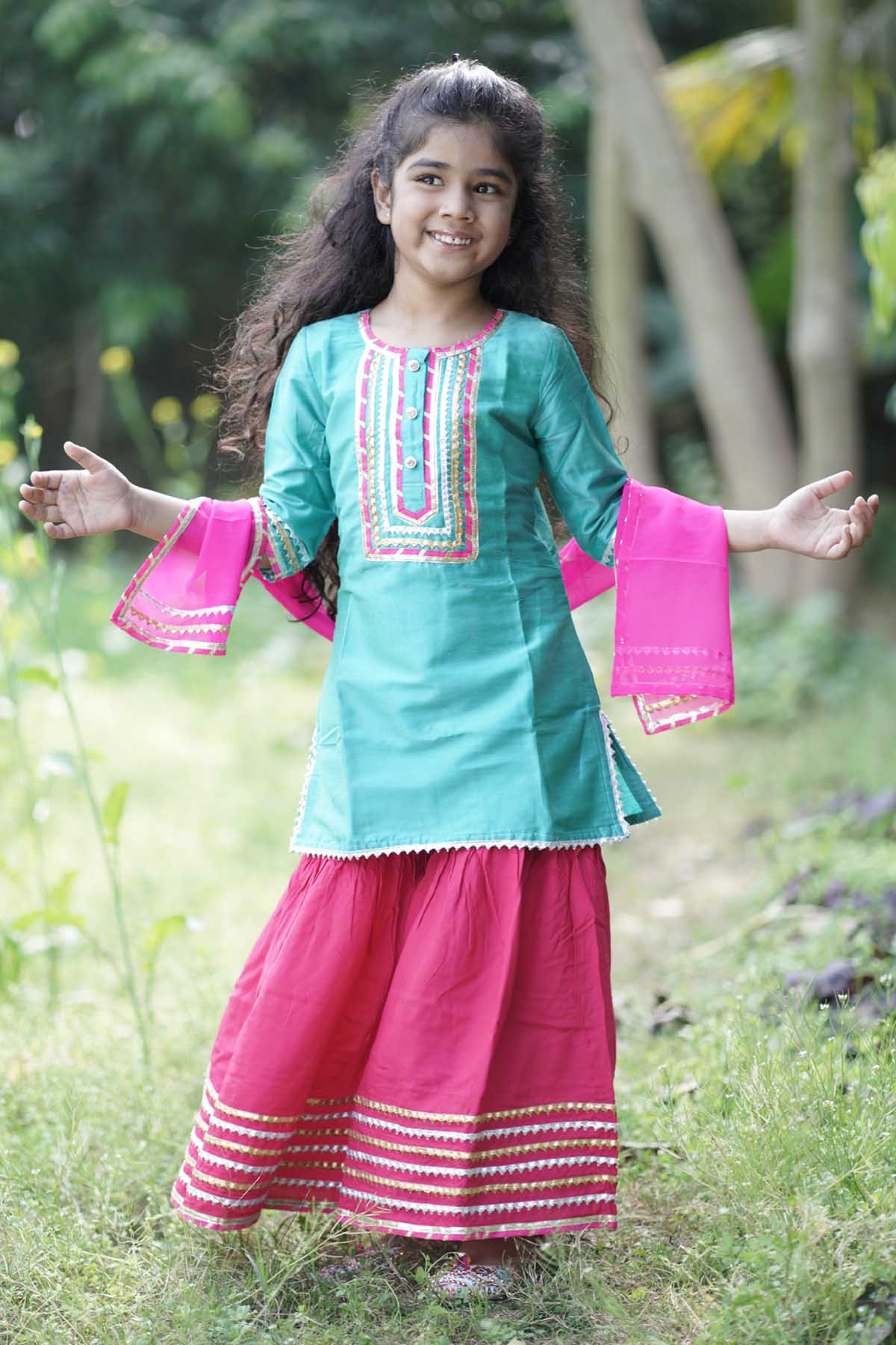 Blue & Pink Lace Embellished Kuta Set