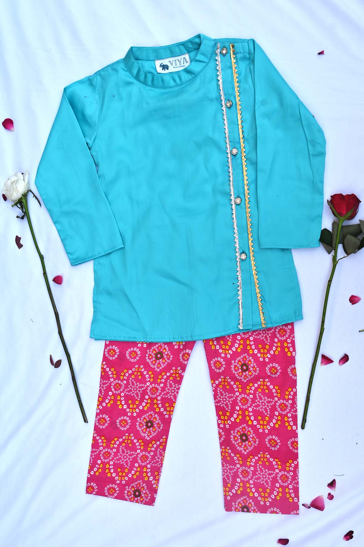 Buy Blue & Pink Cotton Kurta & Pants by ViYa for Girls online at ScrollnShops