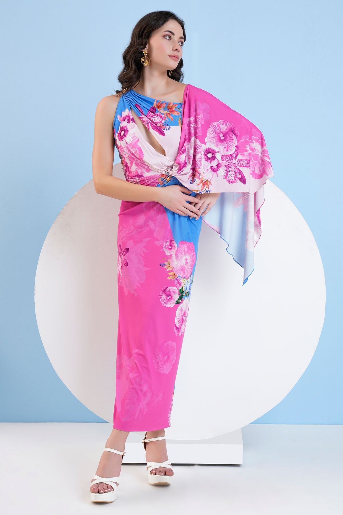 Buy Mandira Wirk Serene Escape: Pink & Blue Jersey Maxi Dress For Women at ScrollnShops
