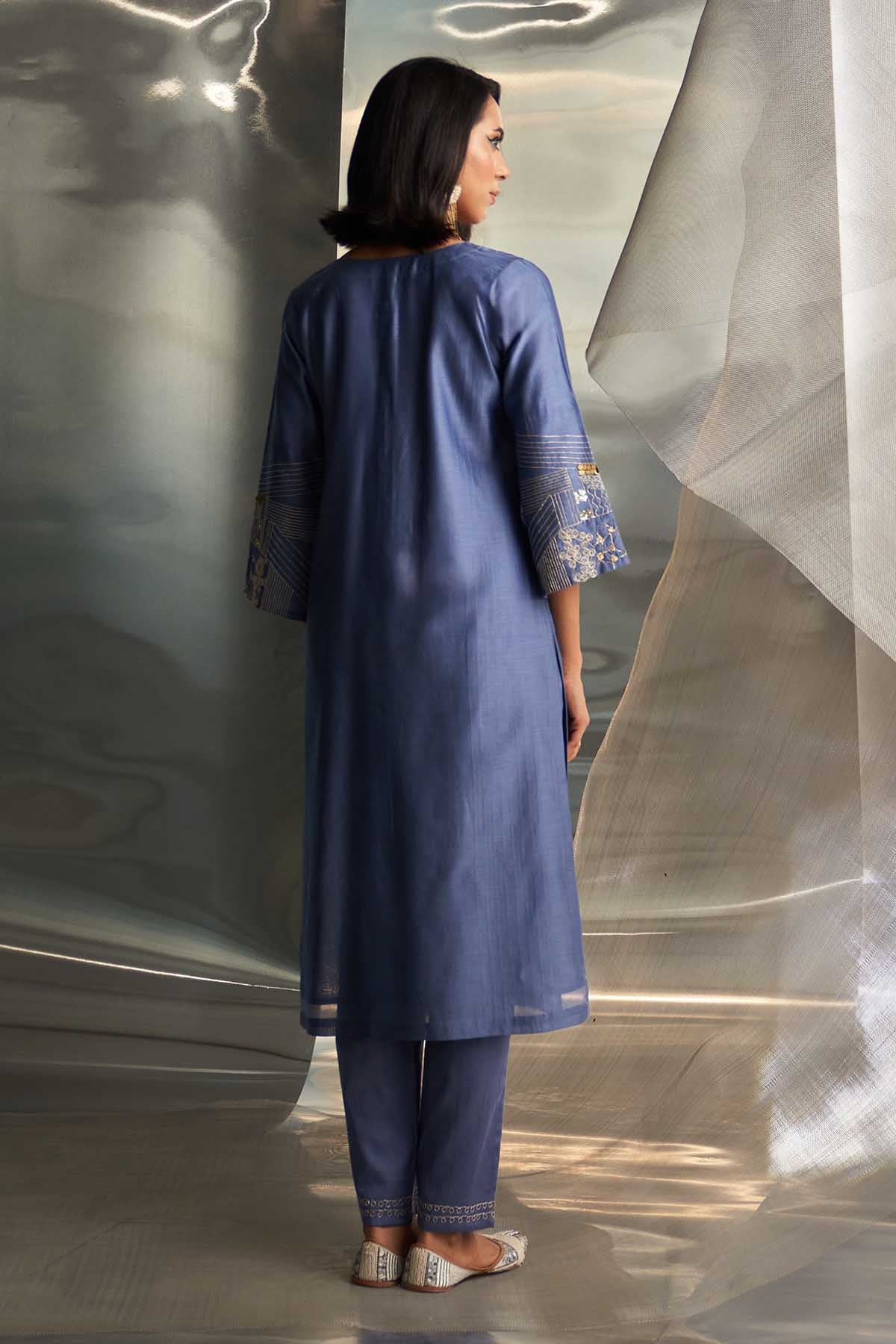Blue Pintuck Flared Kurta Set