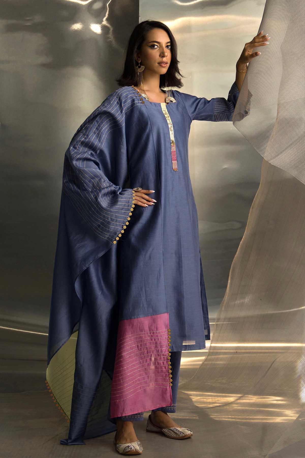 Buy Blue Pintuck Flared Kurta Set by Charkhee Misr for women online at ScrollnShops