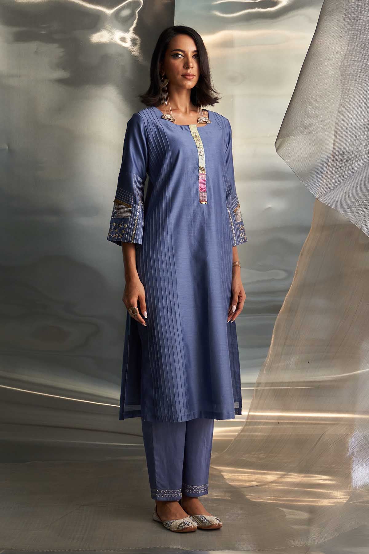 Blue Pintuck Flared Kurta Set