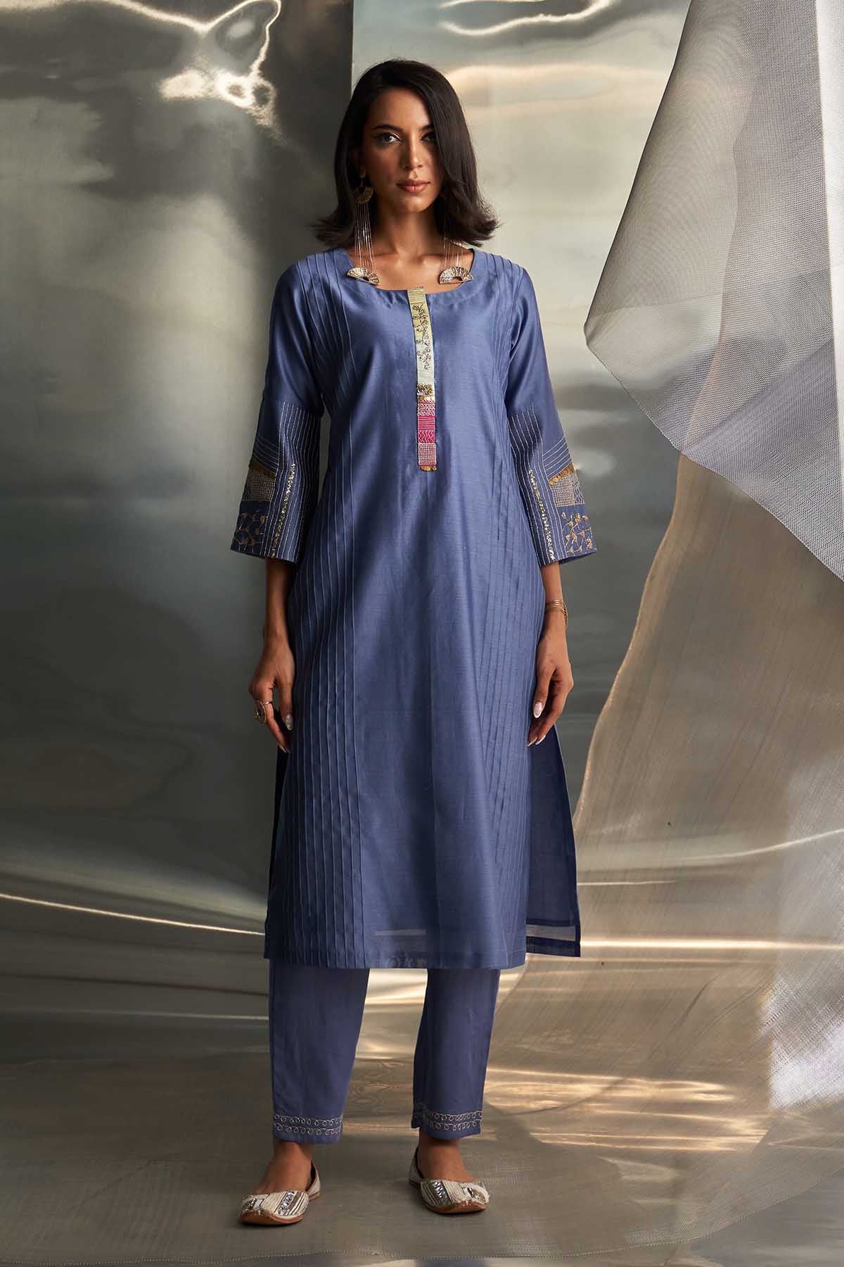 Blue Pintuck Flared Kurta Set