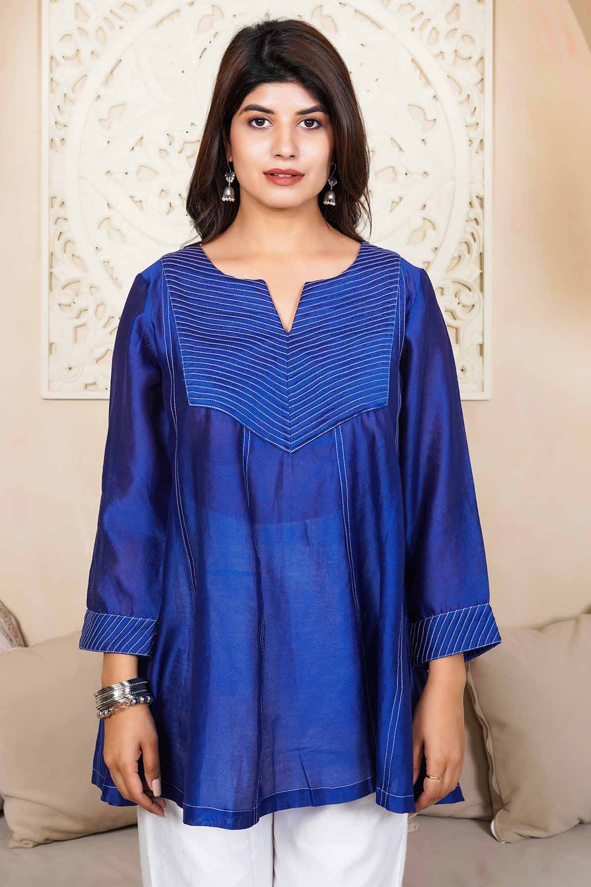 Blue Pintuck Top & White Pants