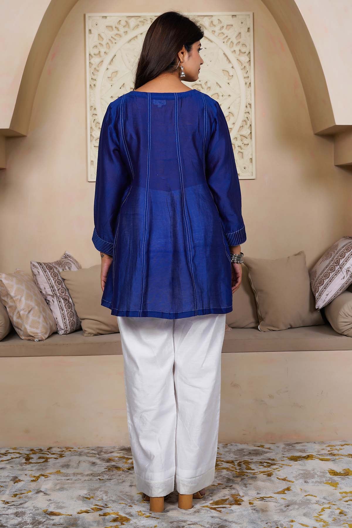 Blue Pintuck Top & White Pants