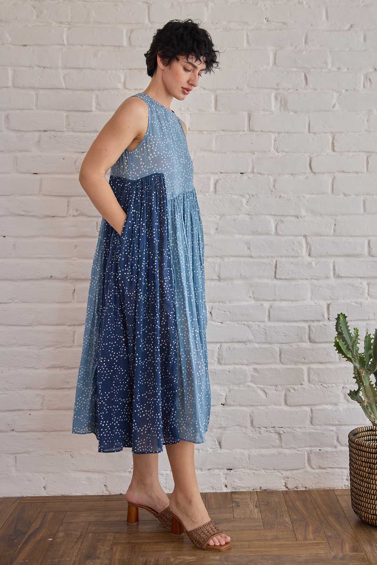 Blue Pintuck Yoke Midi Dress