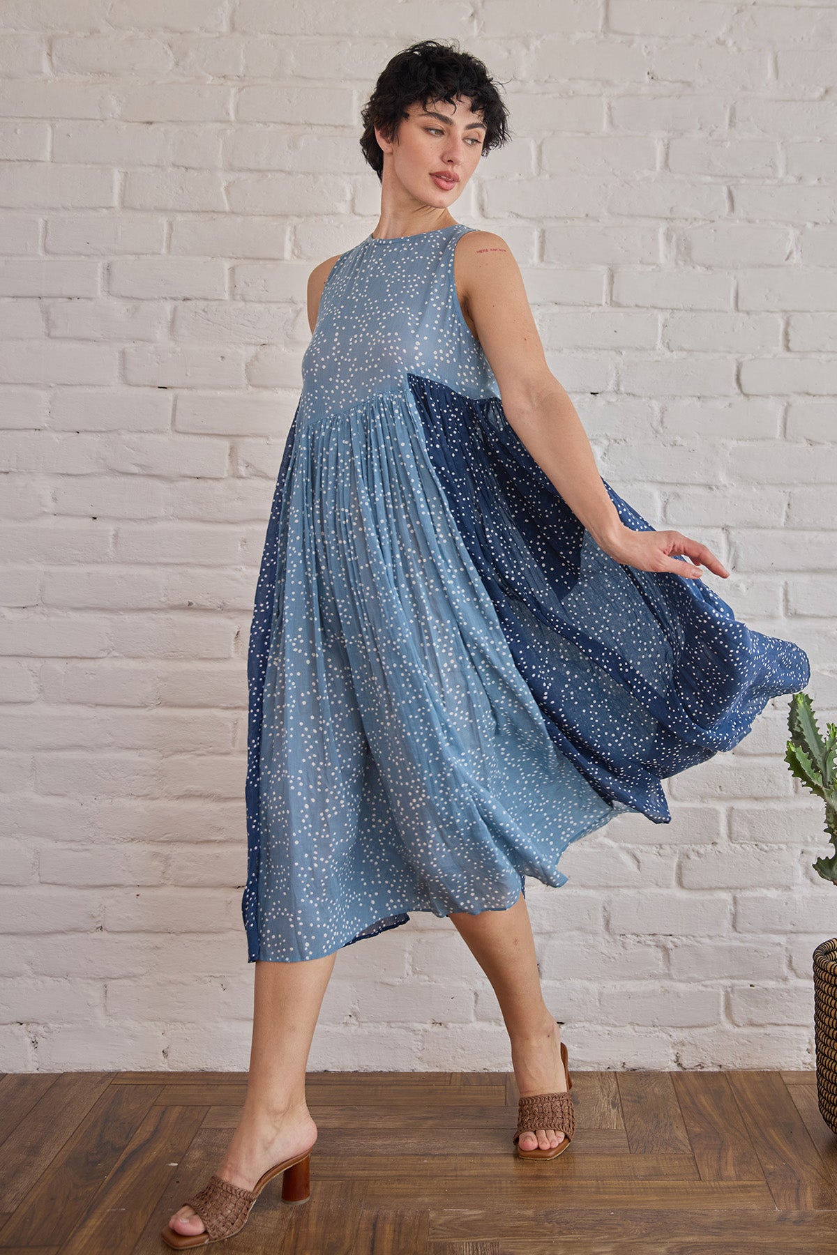 Blue Pintuck Yoke Midi Dress