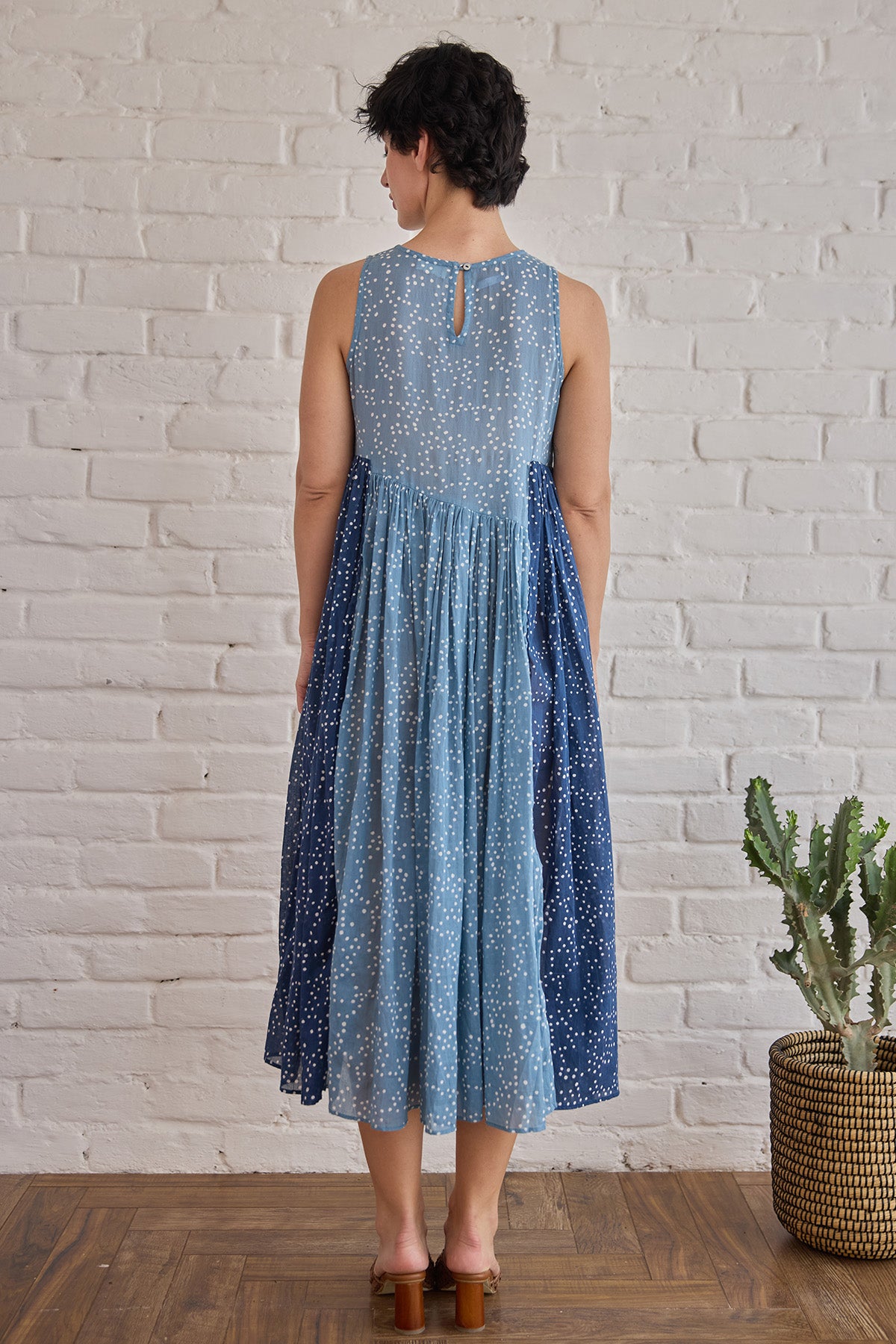 Blue Pintuck Yoke Midi Dress