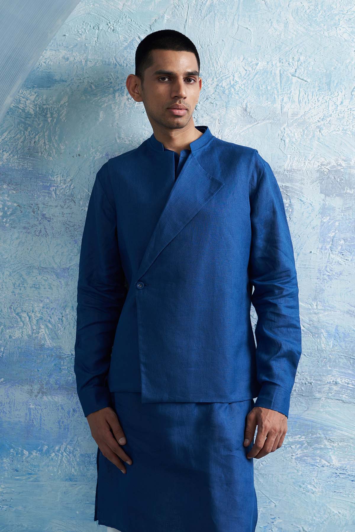 Blue Placket Kurta Set & Jacket
