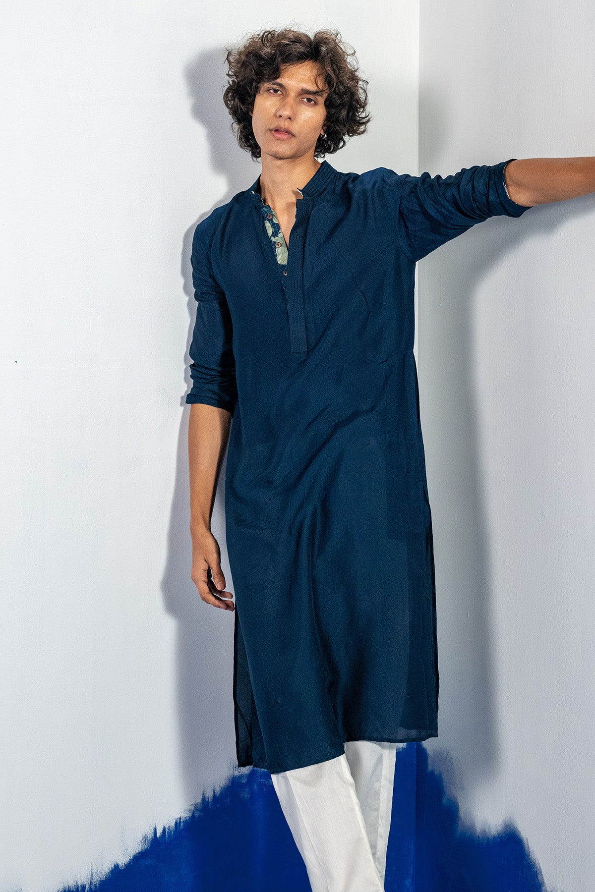 Blue Plain Kurta & Printed Bundi
