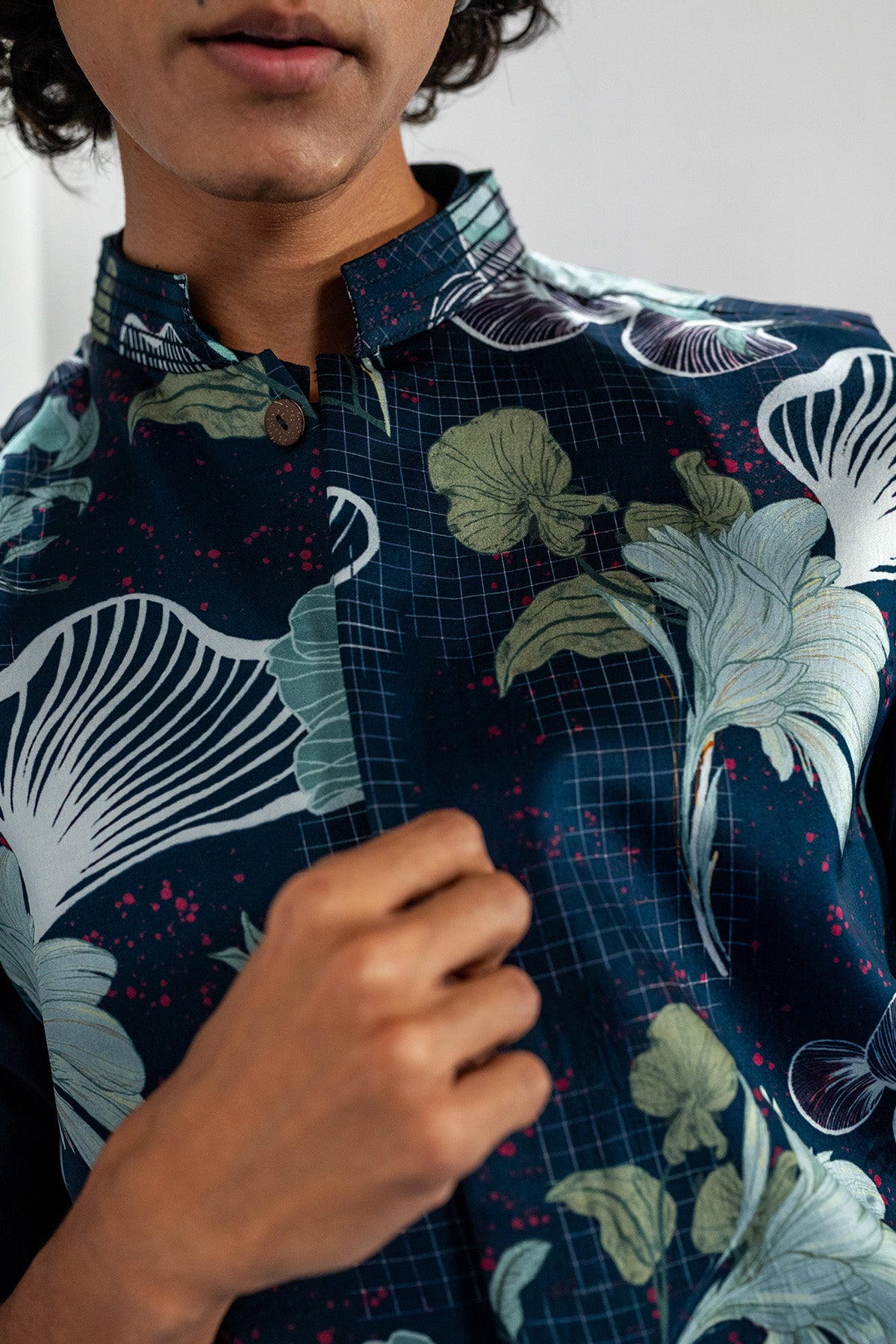 Blue Plain Kurta & Printed Bundi