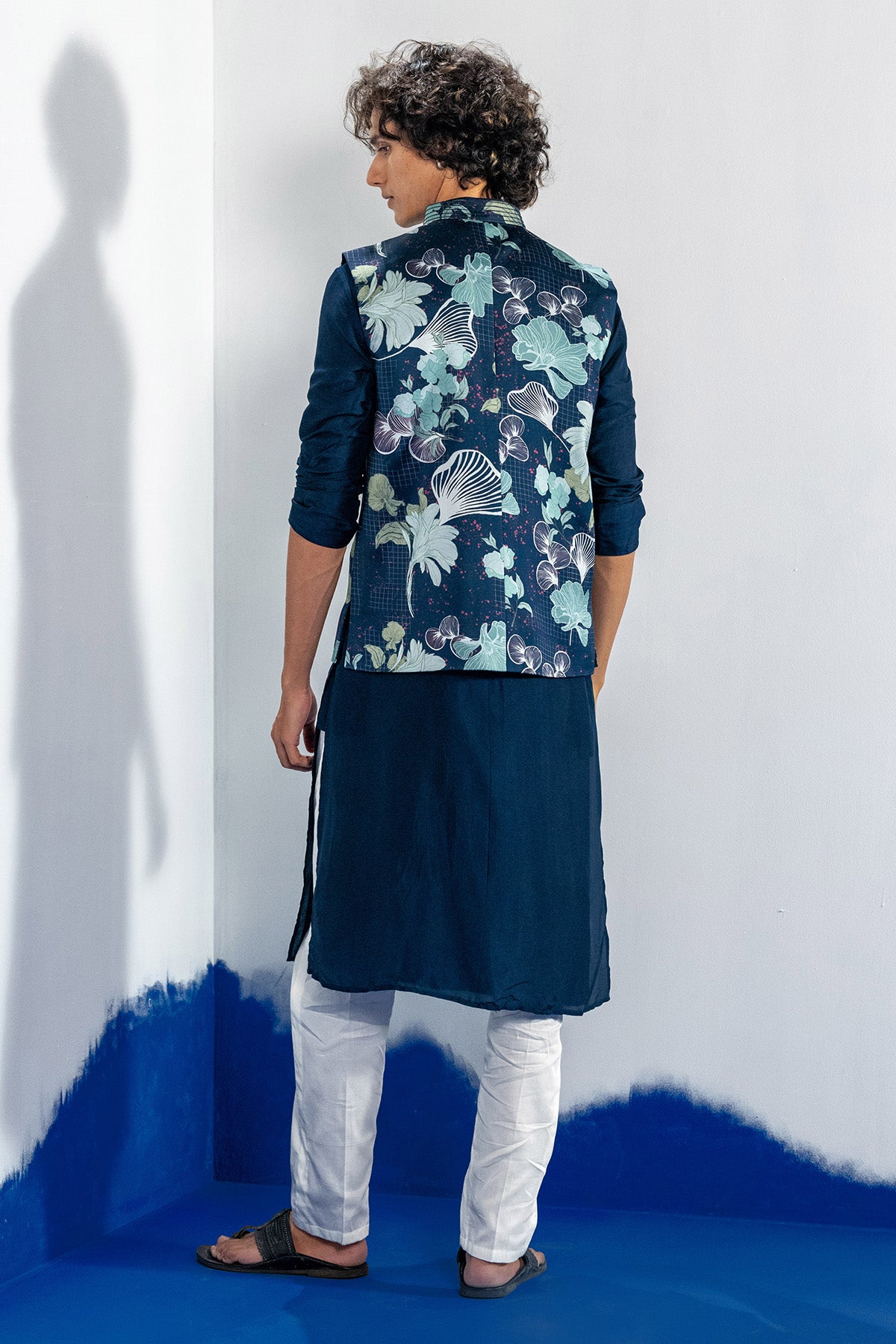 Blue Plain Kurta & Printed Bundi