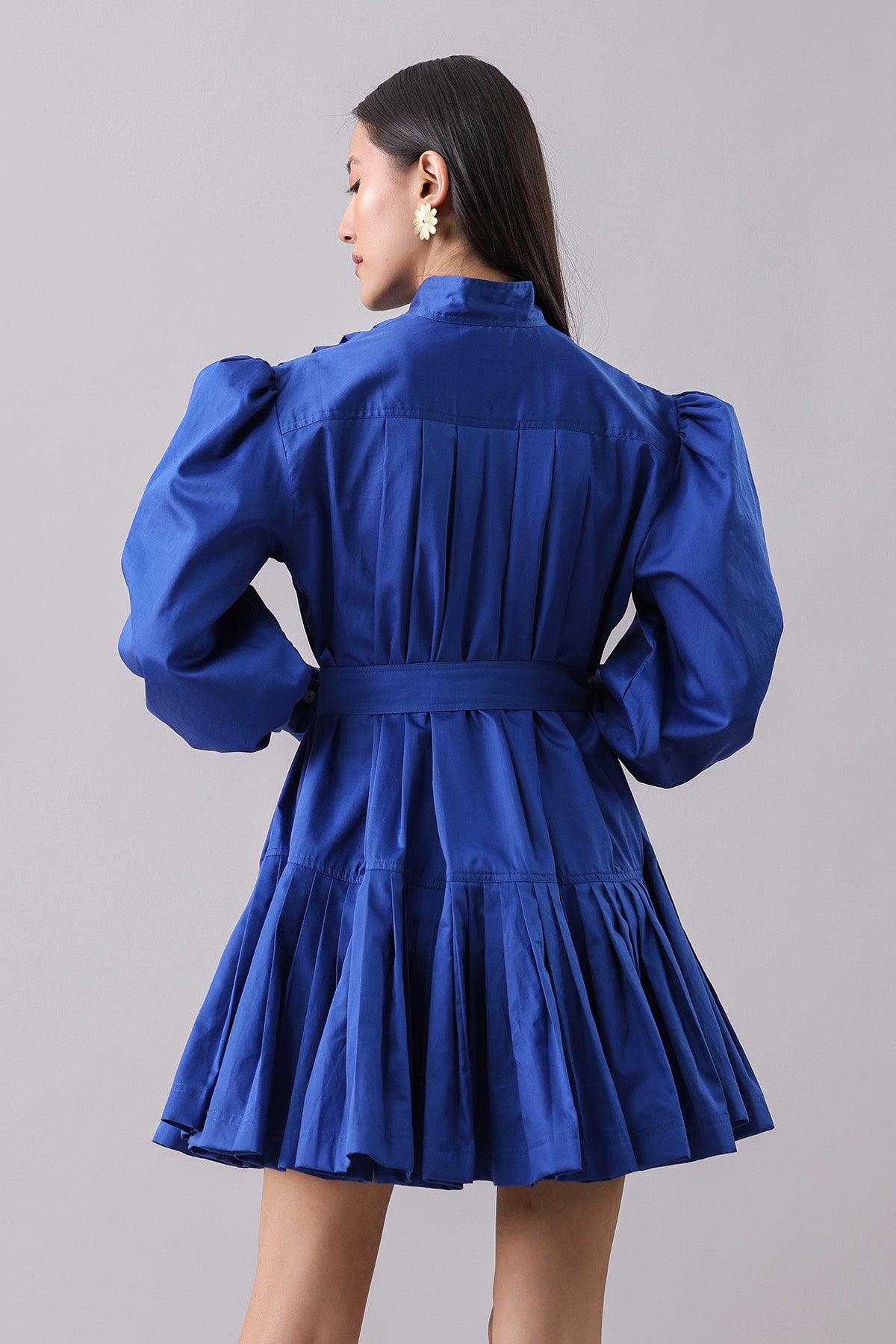 Blue Pleated Mini Shirt Dress