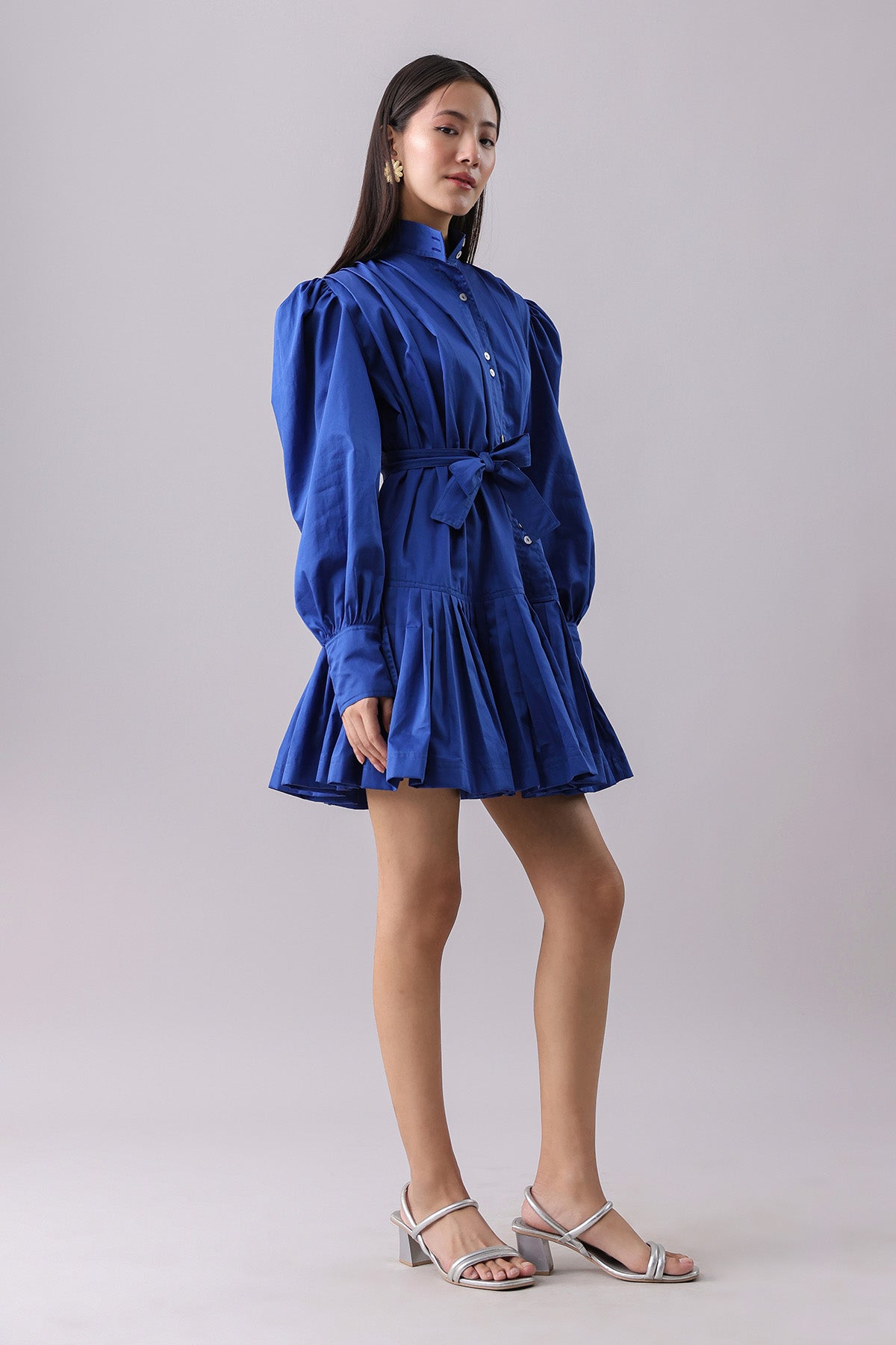 Blue Pleated Mini Shirt Dress