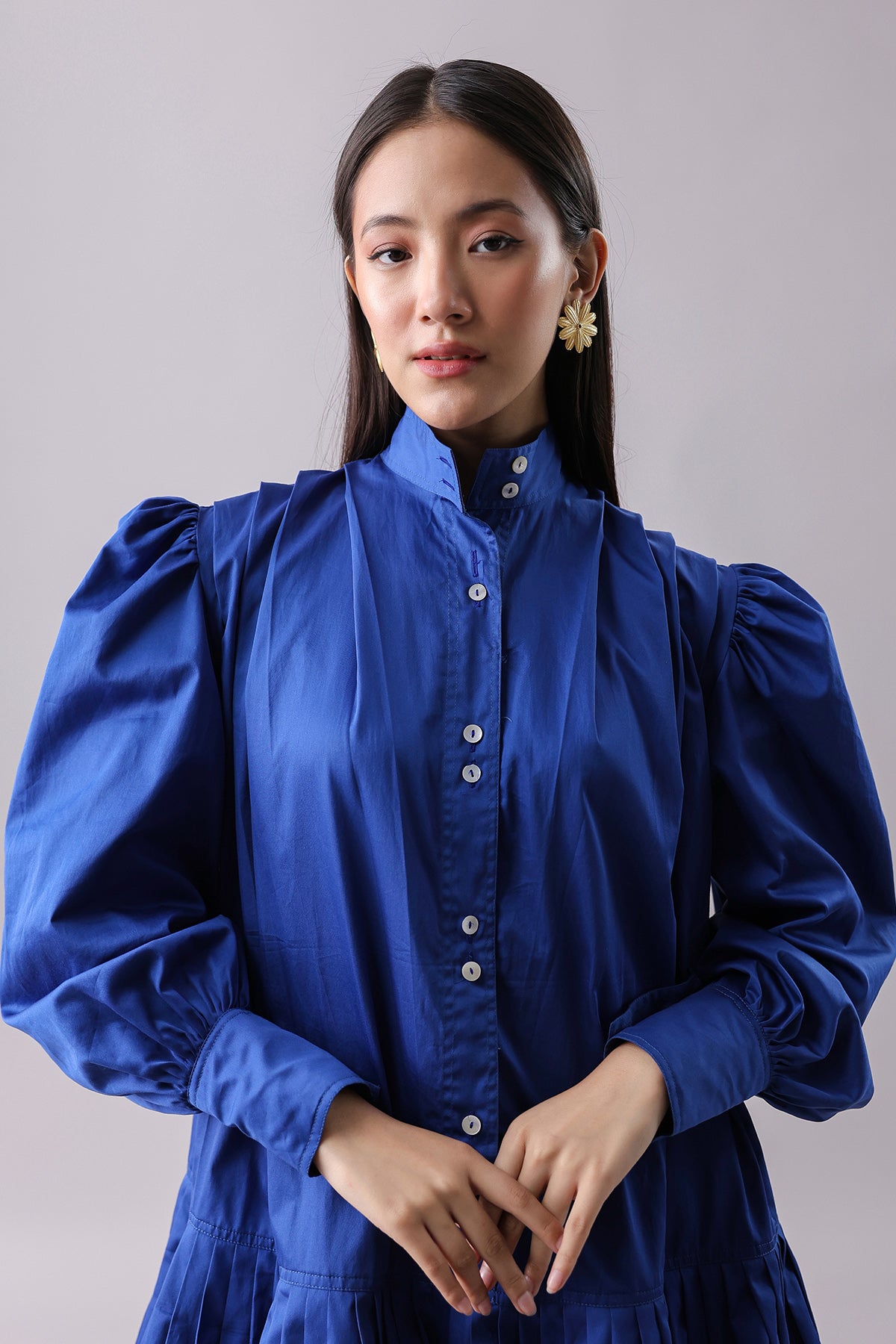 Blue Pleated Mini Shirt Dress