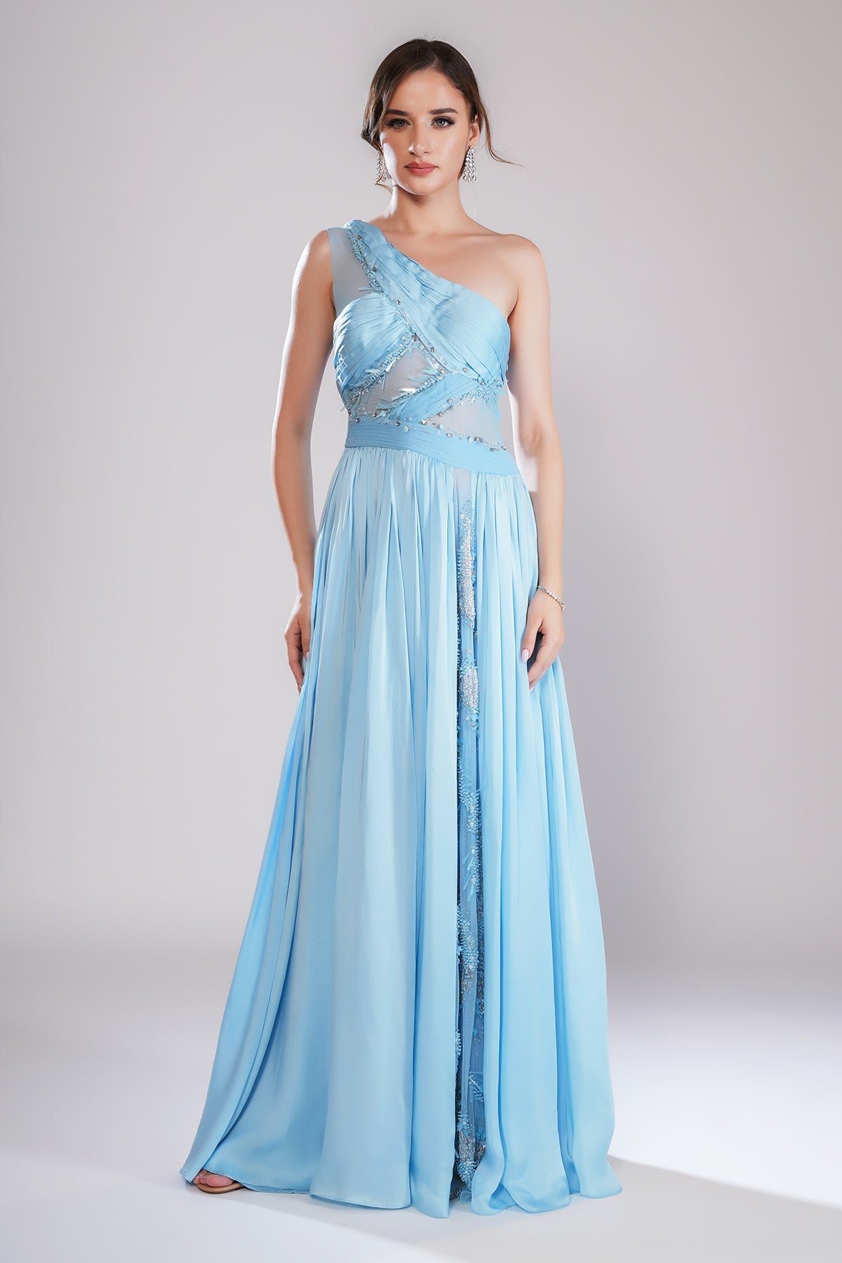 Buy Blue Pleated One Shoulder Gown by Smita Shrinivas for women online at ScrollnShops