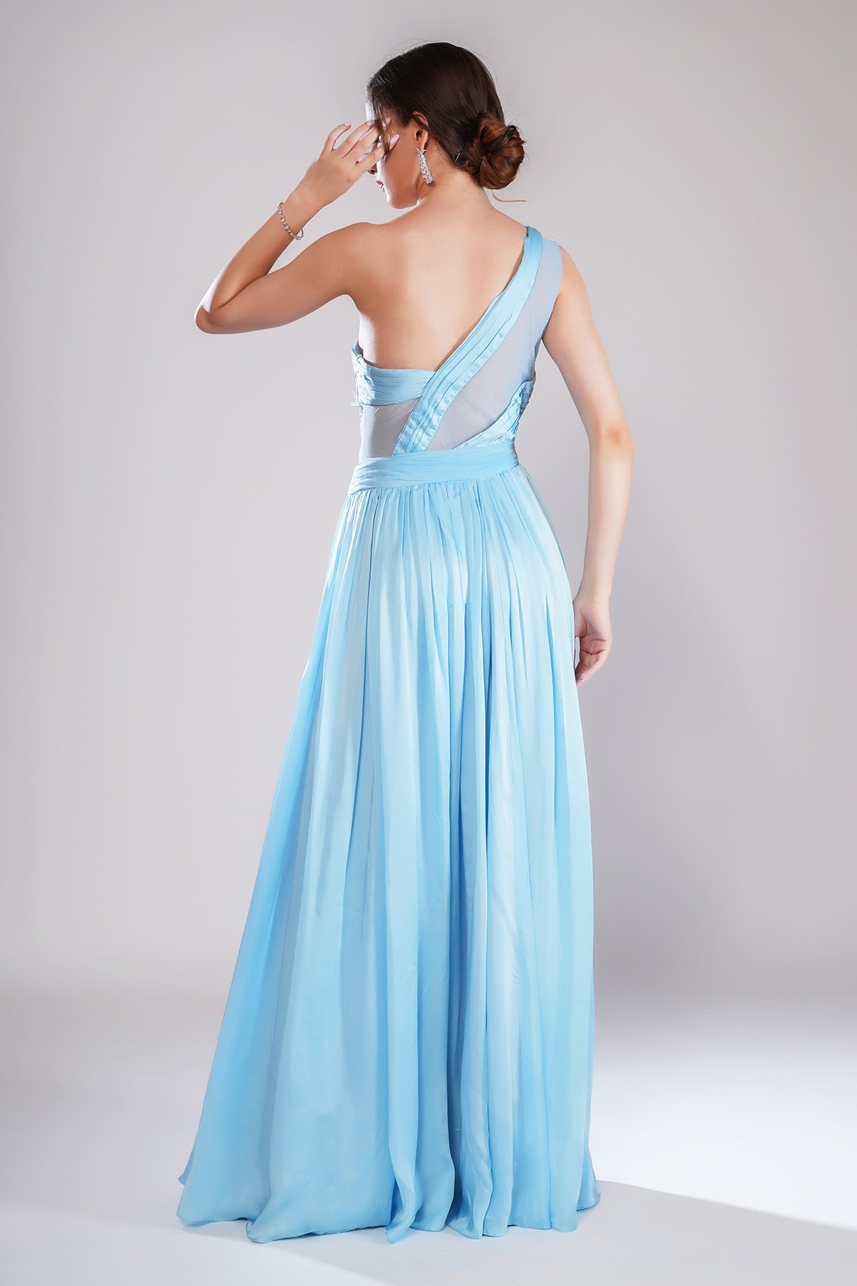 Blue Pleated One Shoulder Gown