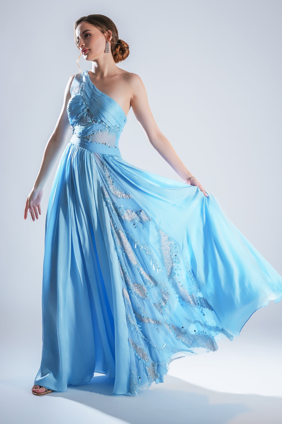 Blue Pleated One Shoulder Gown